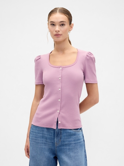 Image number 1 showing, Ribbed Scoopneck Puff Sleeve Top