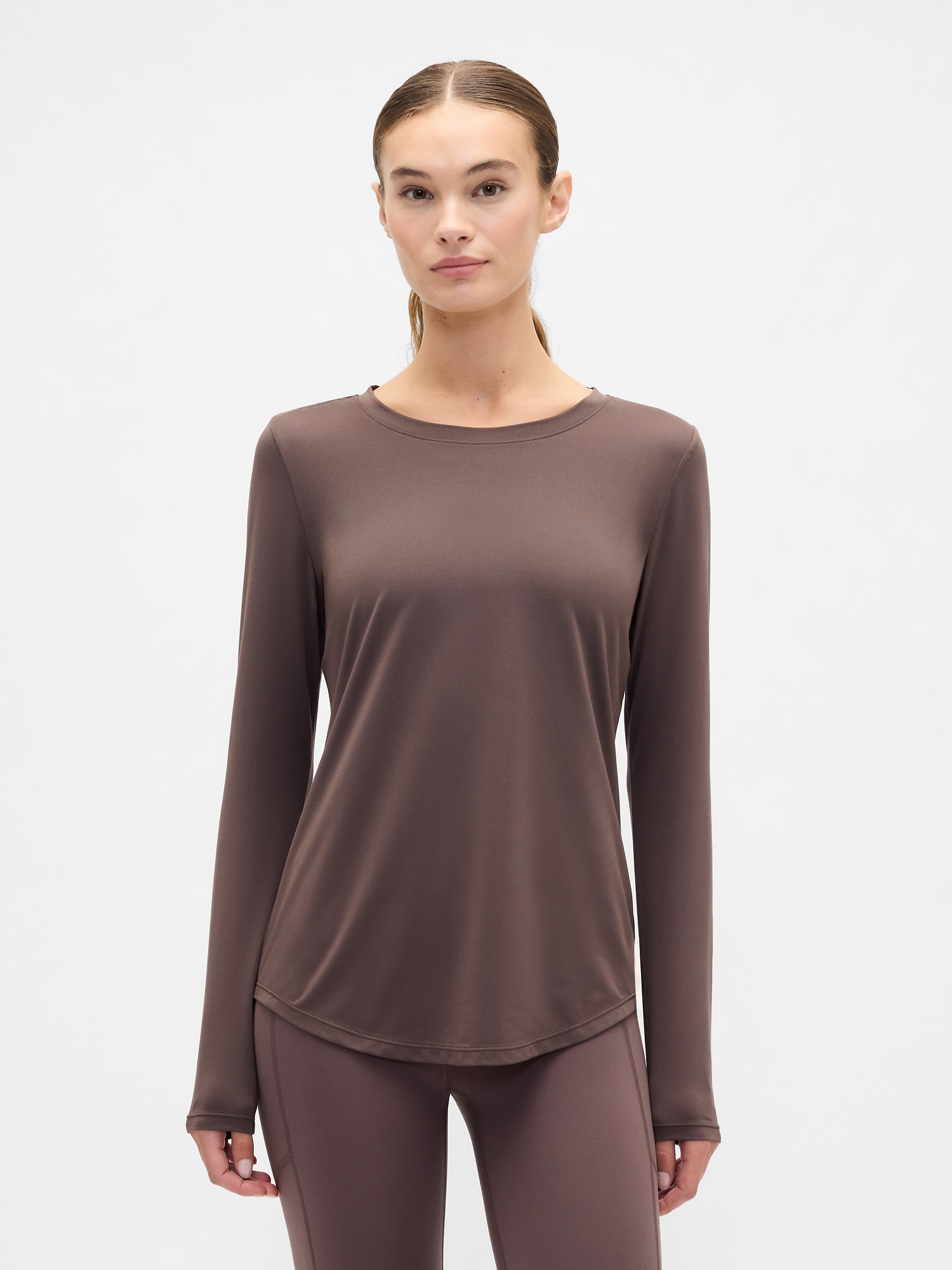 GapFit Brushed Jersey Curved-Hem T-Shirt - New Brown