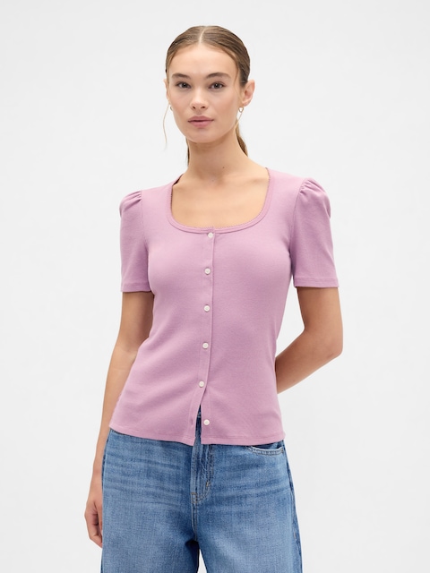 Ribbed Scoopneck Puff Sleeve Top