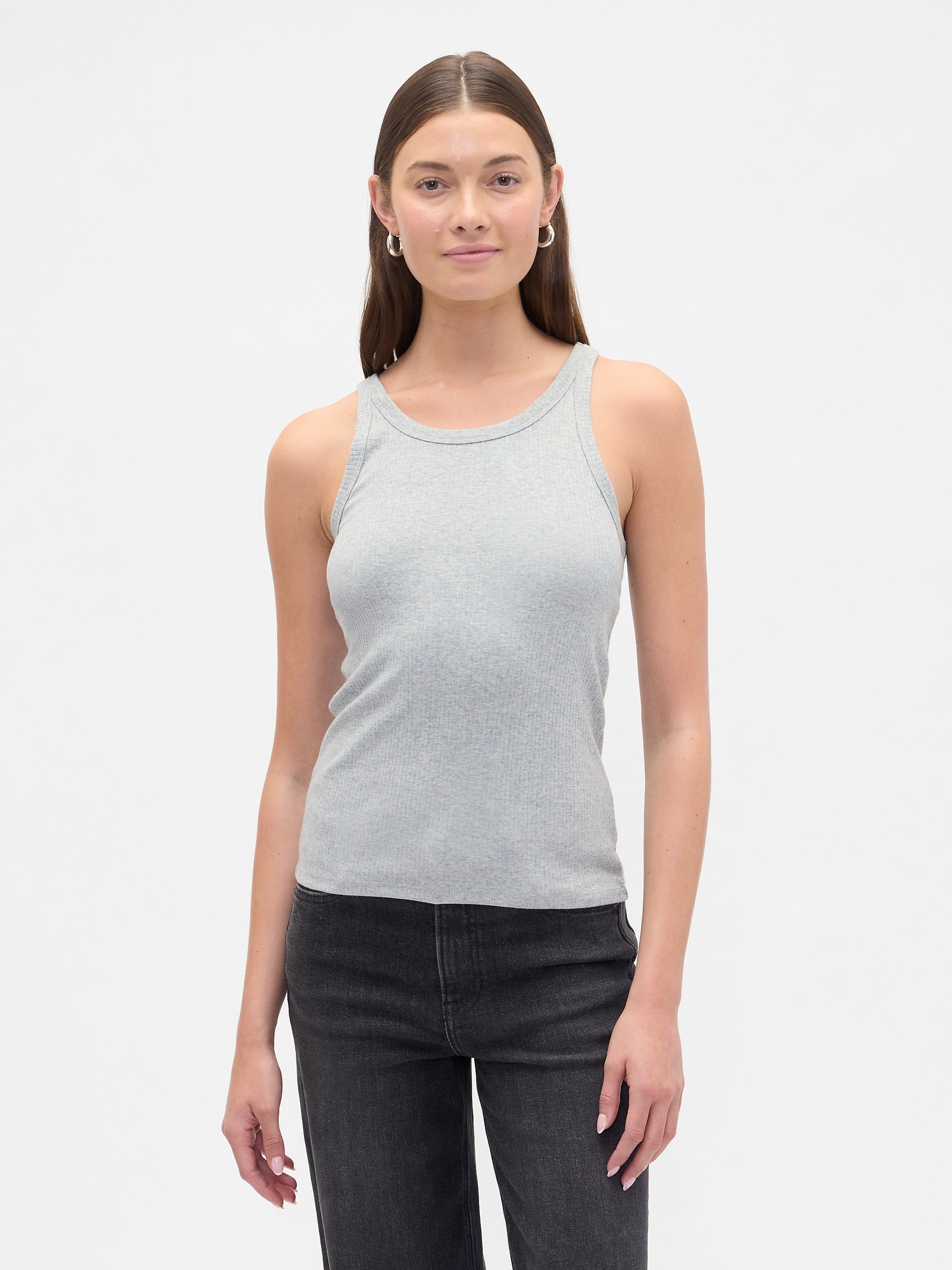 Ribbed Scoopneck Tank Top - Gray