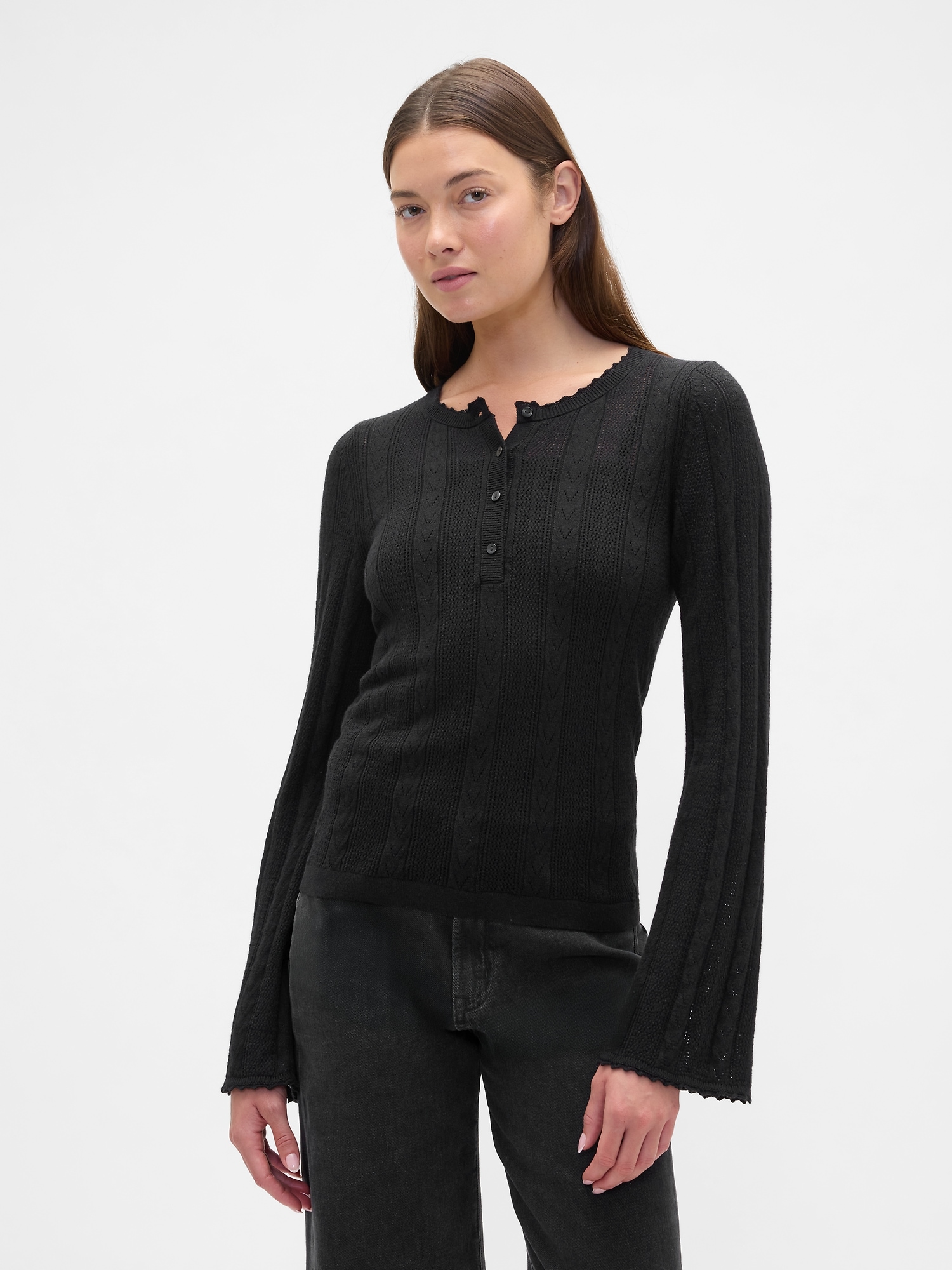 Pointelle Henley Top - Black