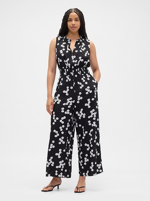 Image number 4 showing, Smocked Wide-Leg V-Neck Jumpsuit