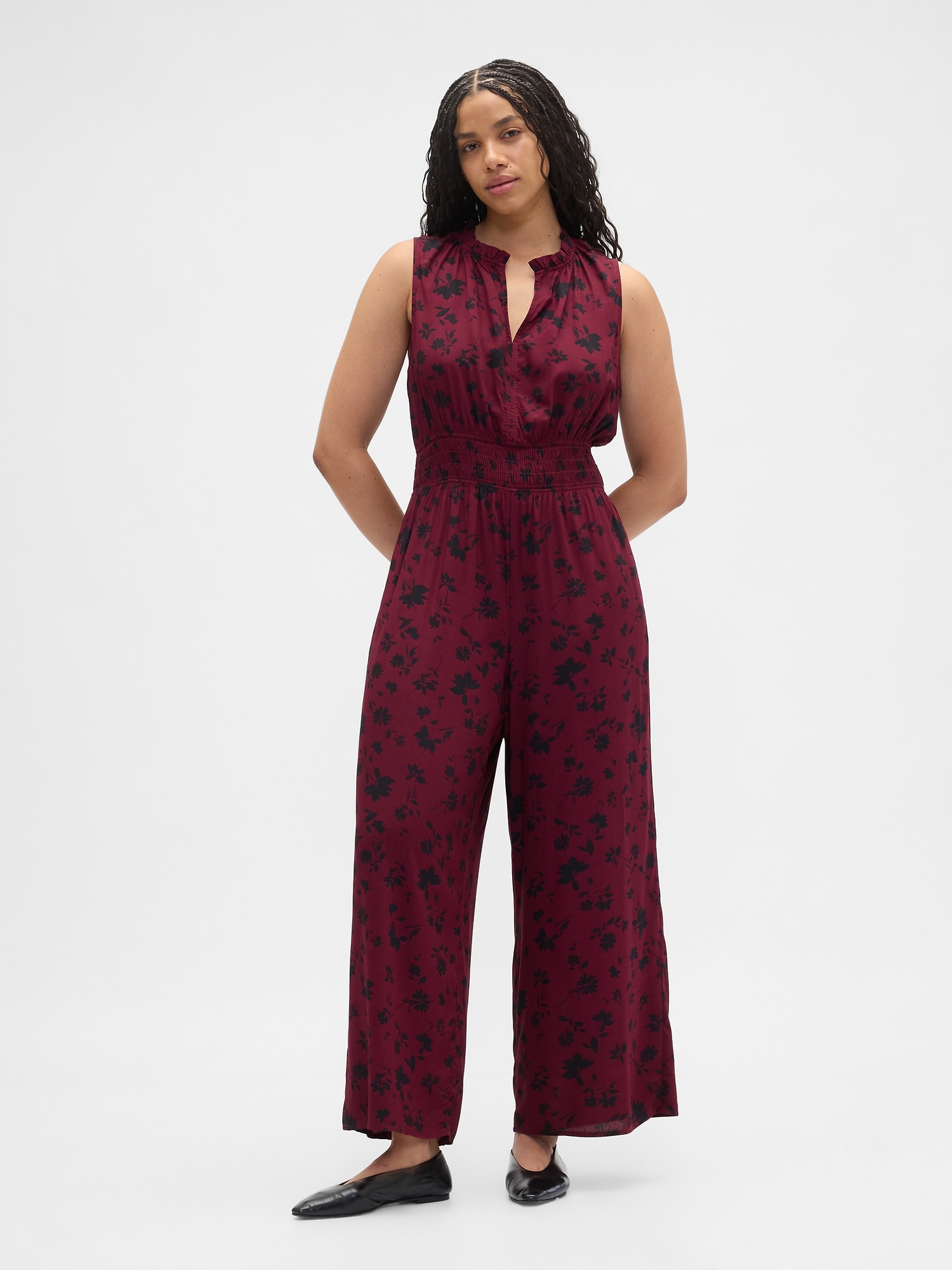 Gap Factory Smocked Wide-leg V-neck Jumpsuit In Red