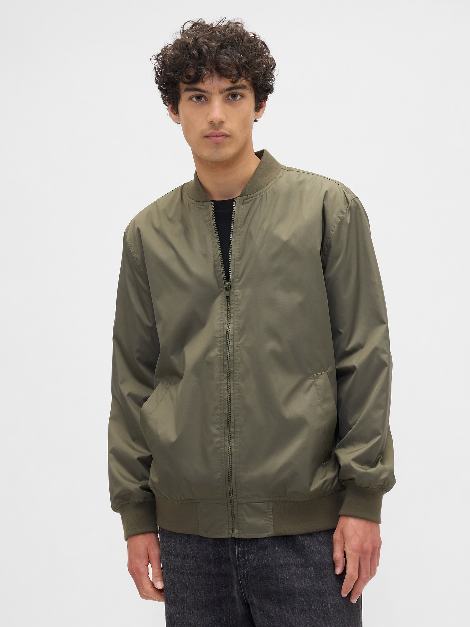 100% Recycled Relaxed Ripstop Bomber Jacket - Black Moss