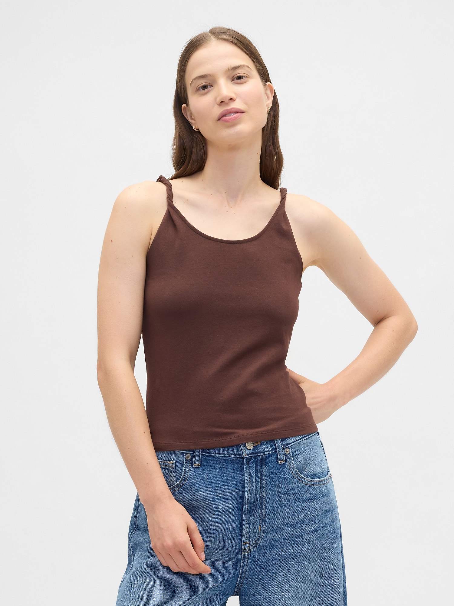 Stretch Jersey Twist Tank Top - Brown