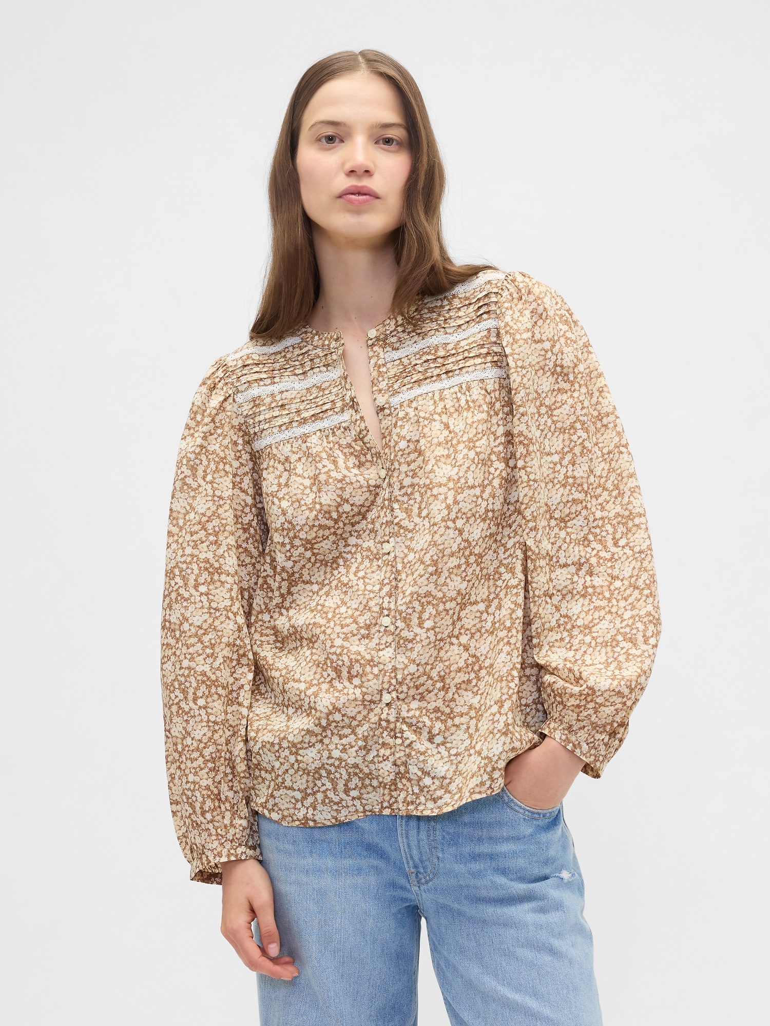 Relaxed Puff Sleeve Lace Top - Beige Floral