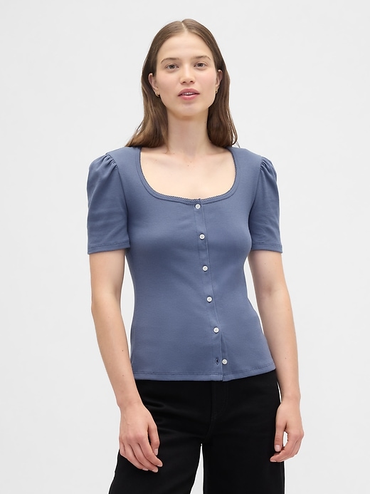 Image number 1 showing, Ribbed Scoopneck Puff Sleeve Top