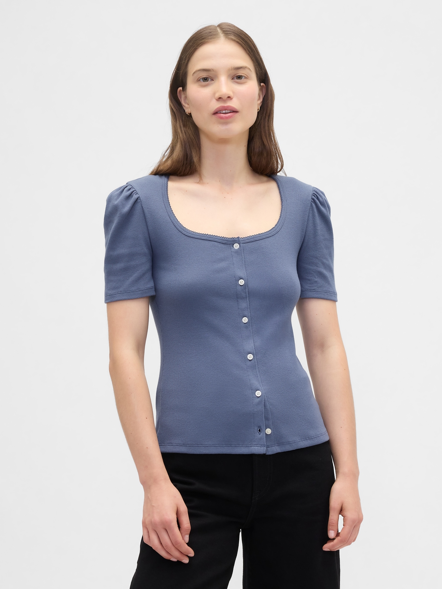 Ribbed Scoopneck Puff Sleeve Top - Blue Ridge
