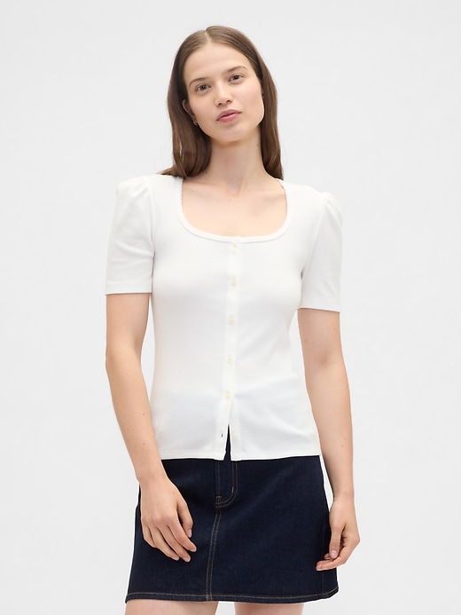 Image number 1 showing, Ribbed Scoopneck Puff Sleeve Top