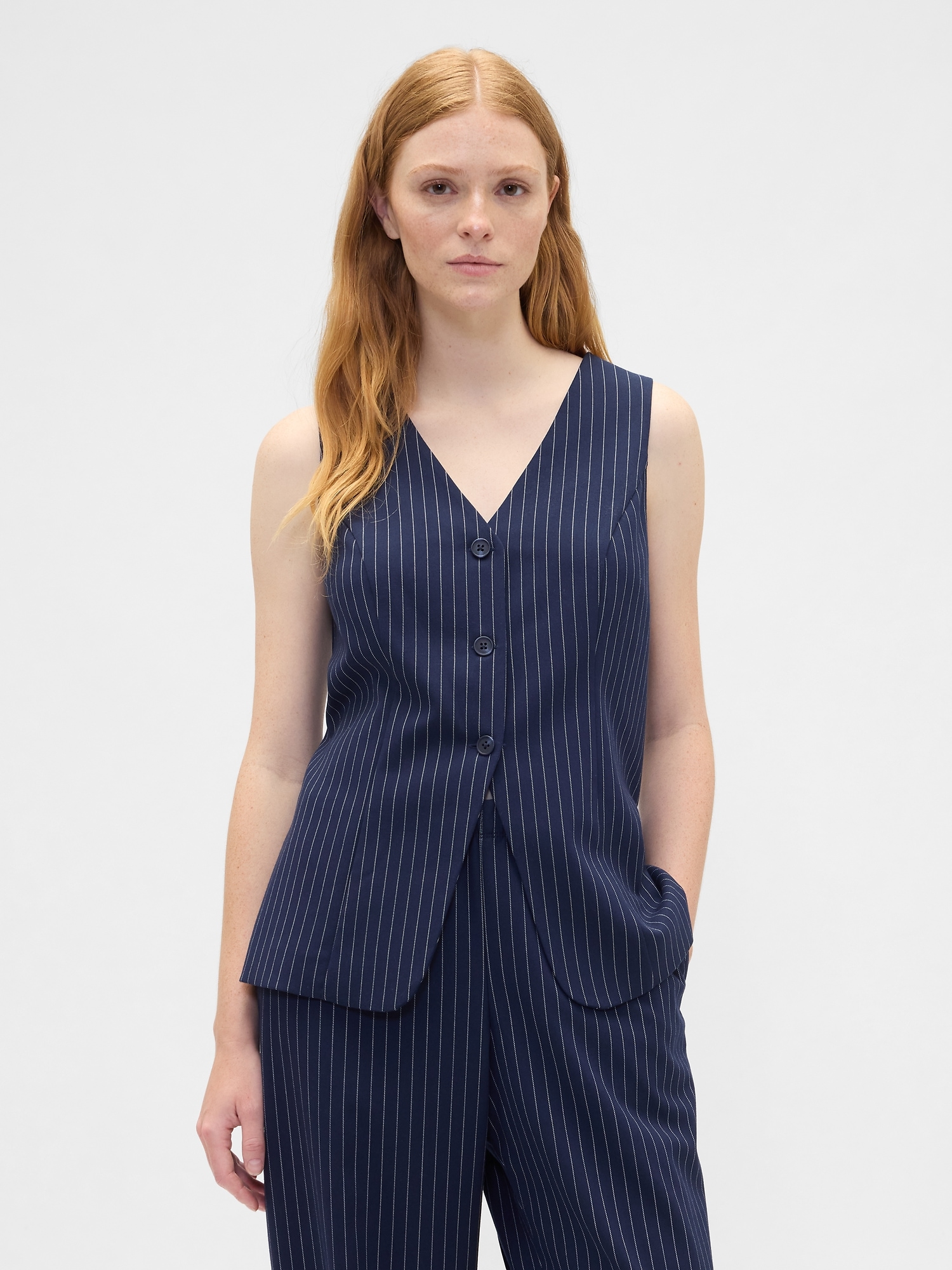 Recycled Longline Vest - Navy Pinstripe