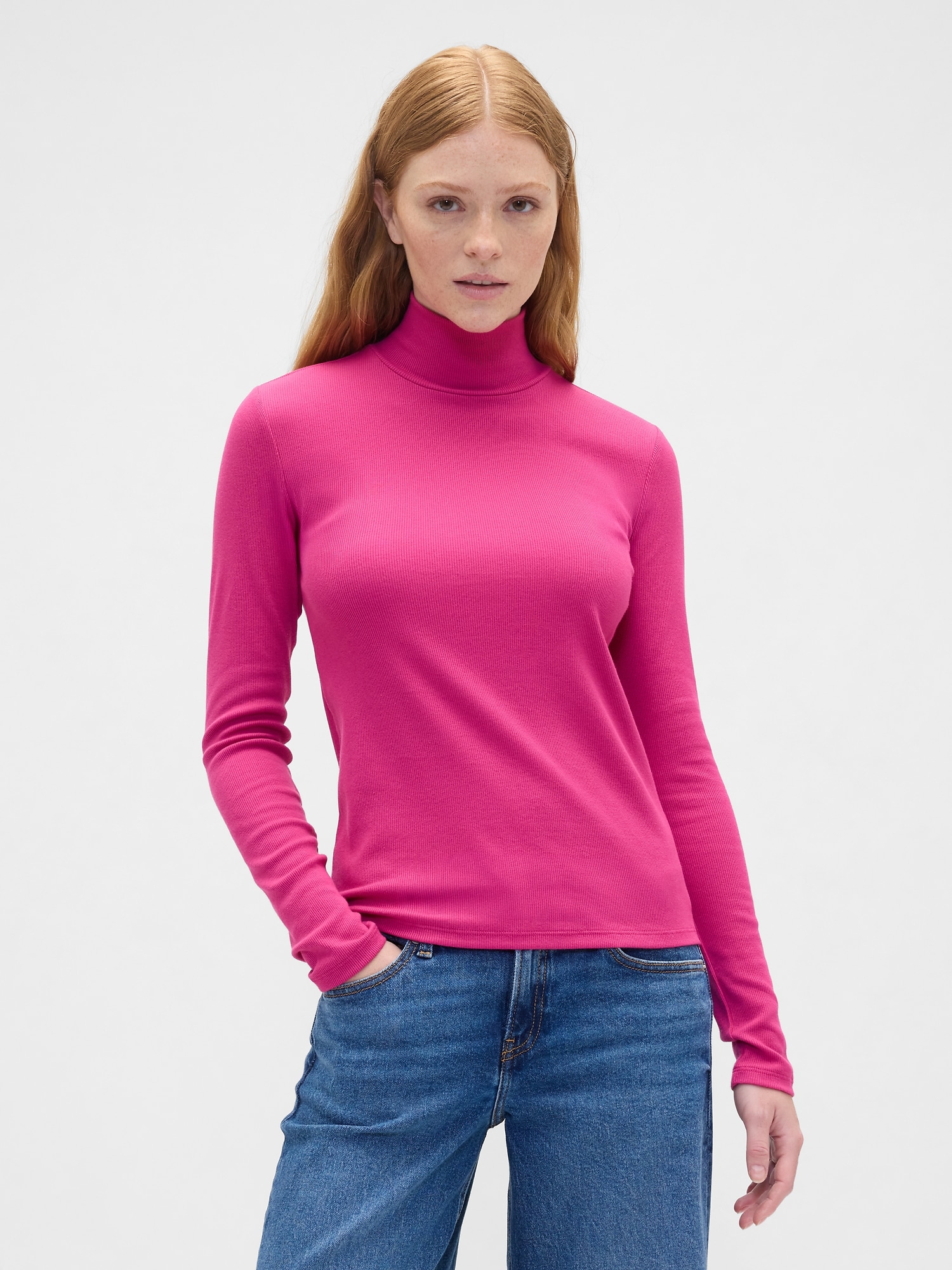 Ribbed Turtleneck T-Shirt - Bright Fuchsia Pink