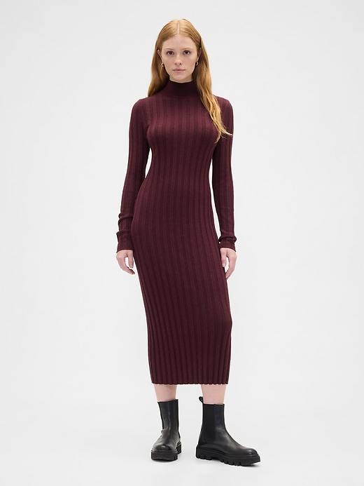 Image number 1 showing, CashSoft Ribbed Mockneck Midi Dress