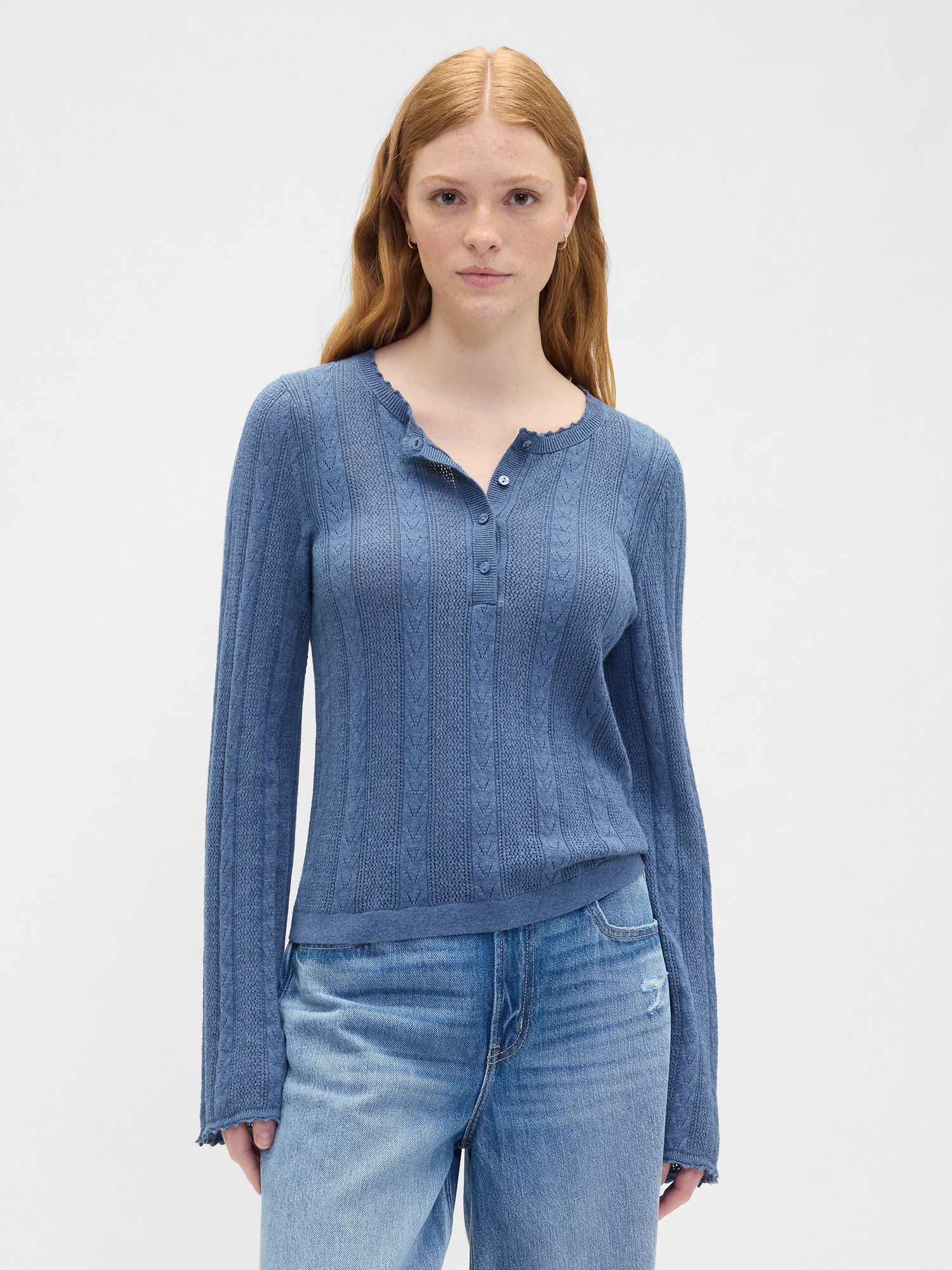 Pointelle Henley Top - Cornflower Blue