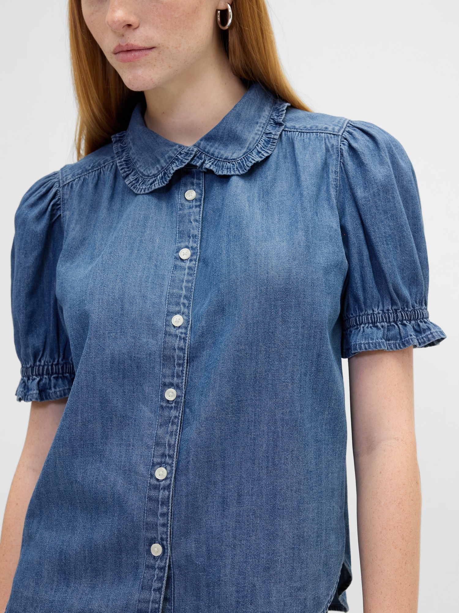 Gap Factory Relaxed Denim Puff Sleeve Top In Blue