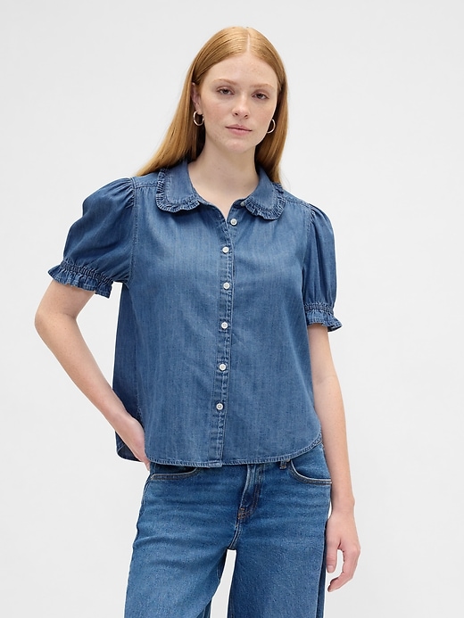 Image number 1 showing, Relaxed Denim Puff Sleeve Top
