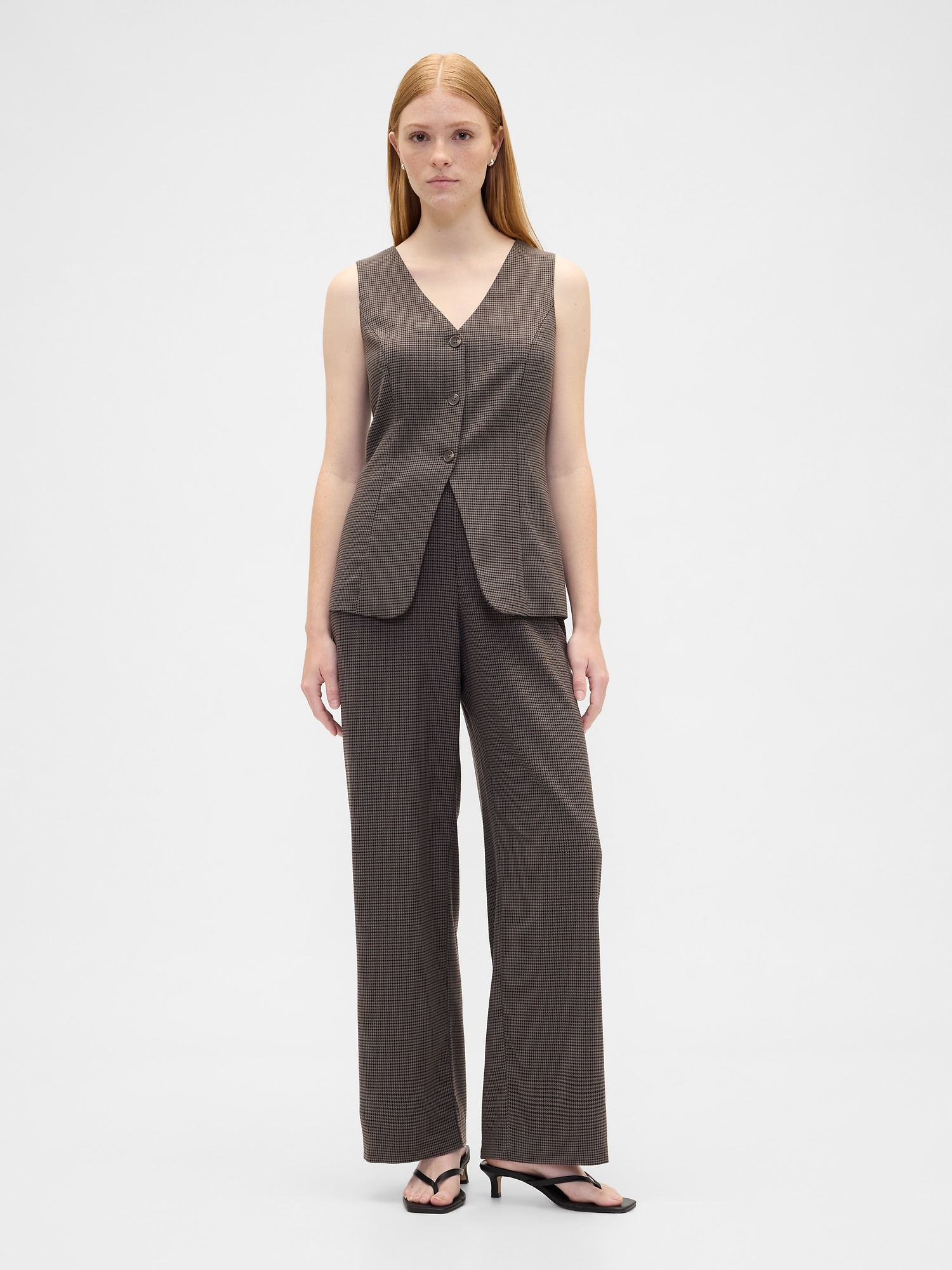 Recycled Mid Rise Easy Wide-Leg Pants - Brown Houndstooth