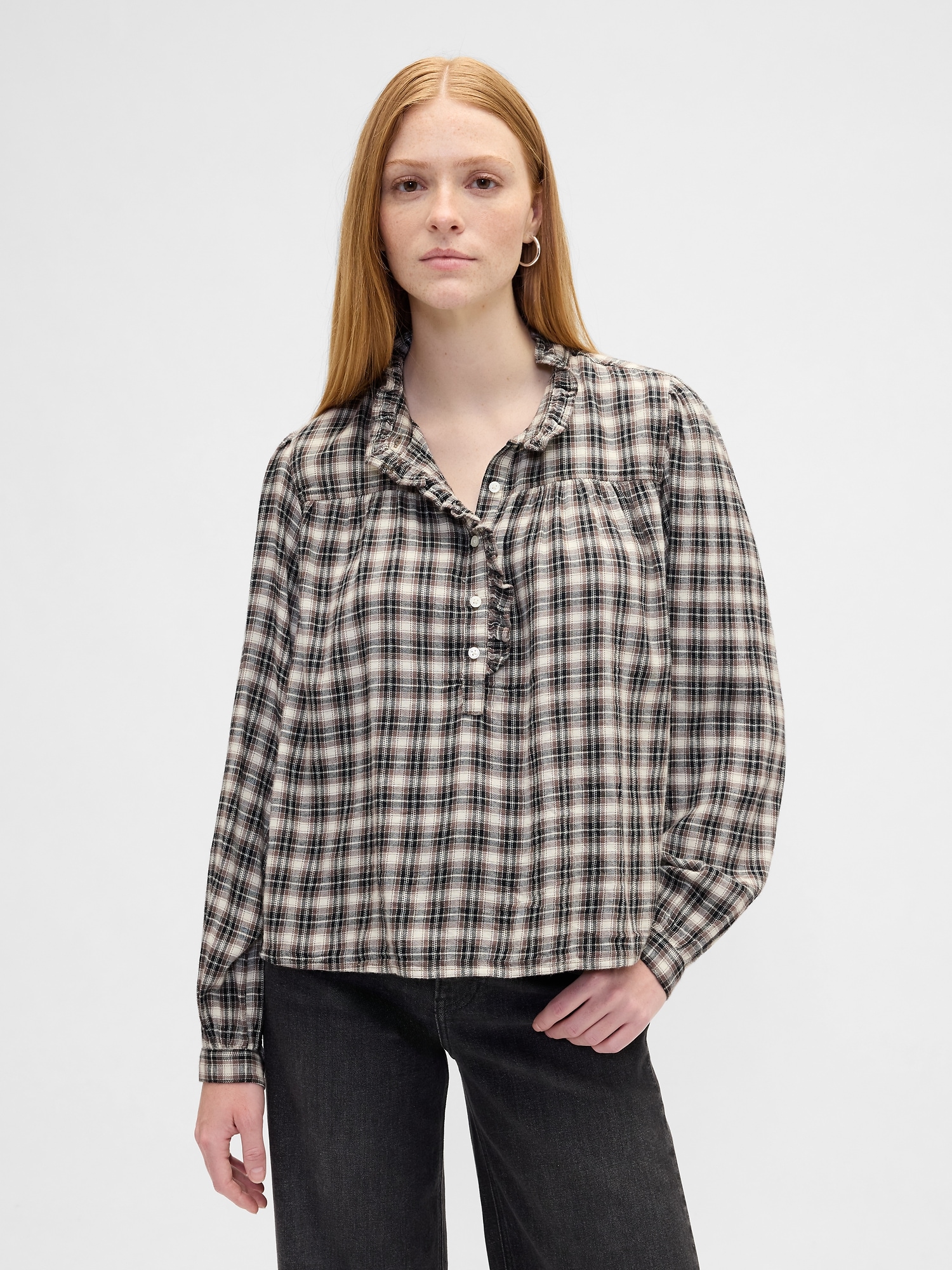 Oversized Ruffle Top - Black Plaid