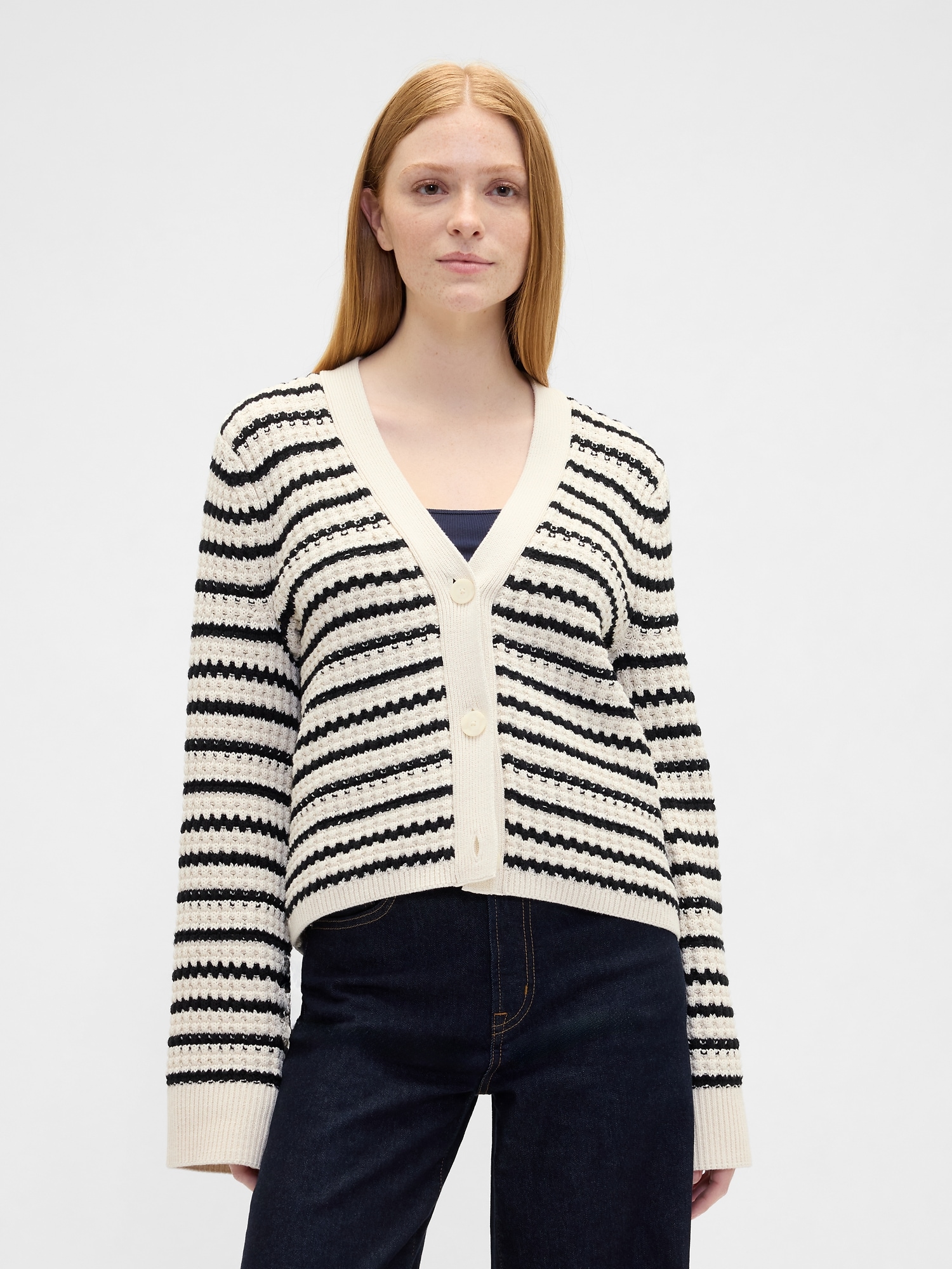 Relaxed Waffle-Knit Cardigan - White Black Stripe