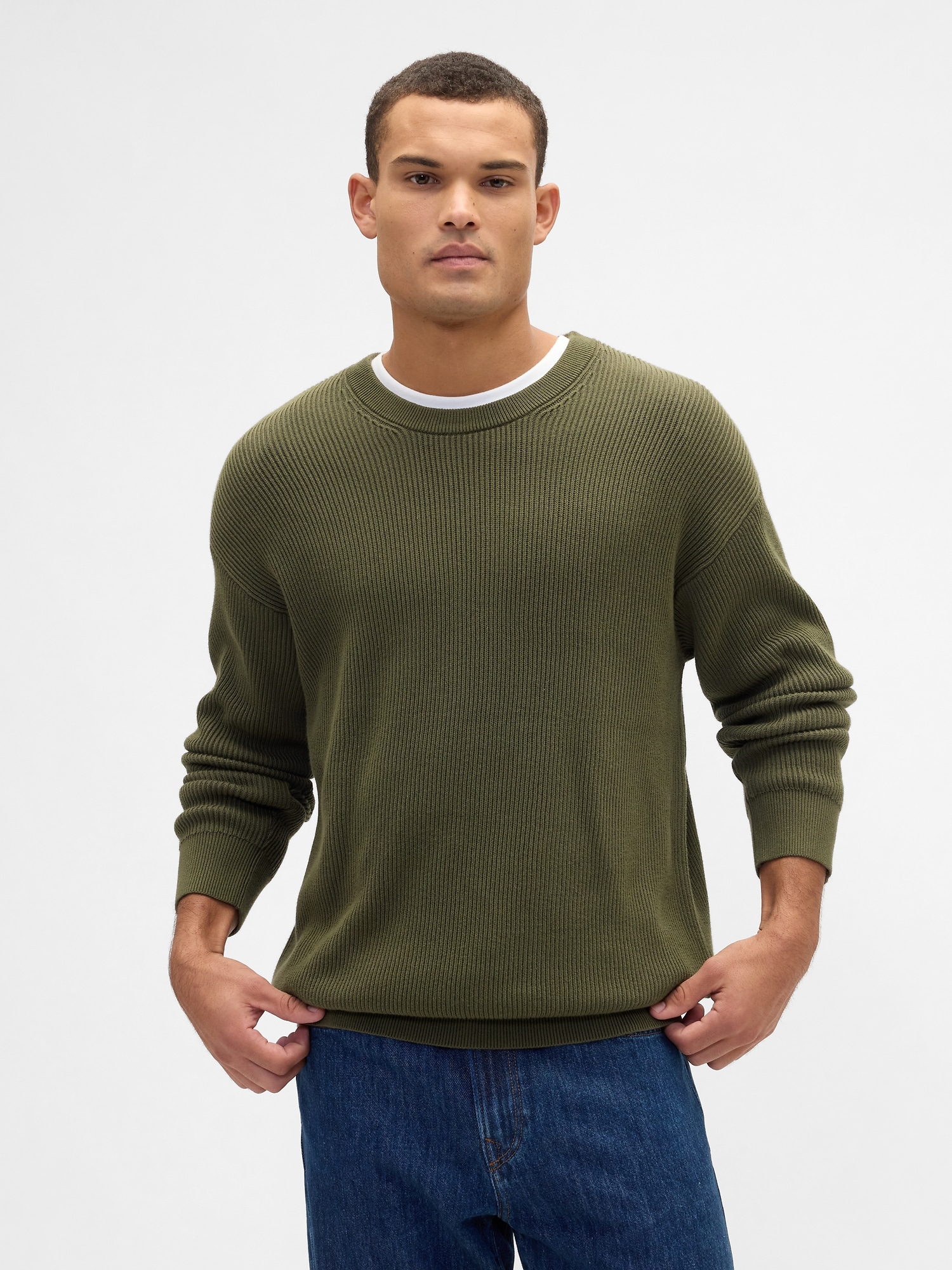 Oversized Fisherman-Stitch Crewneck Sweater - Army Jacket Green