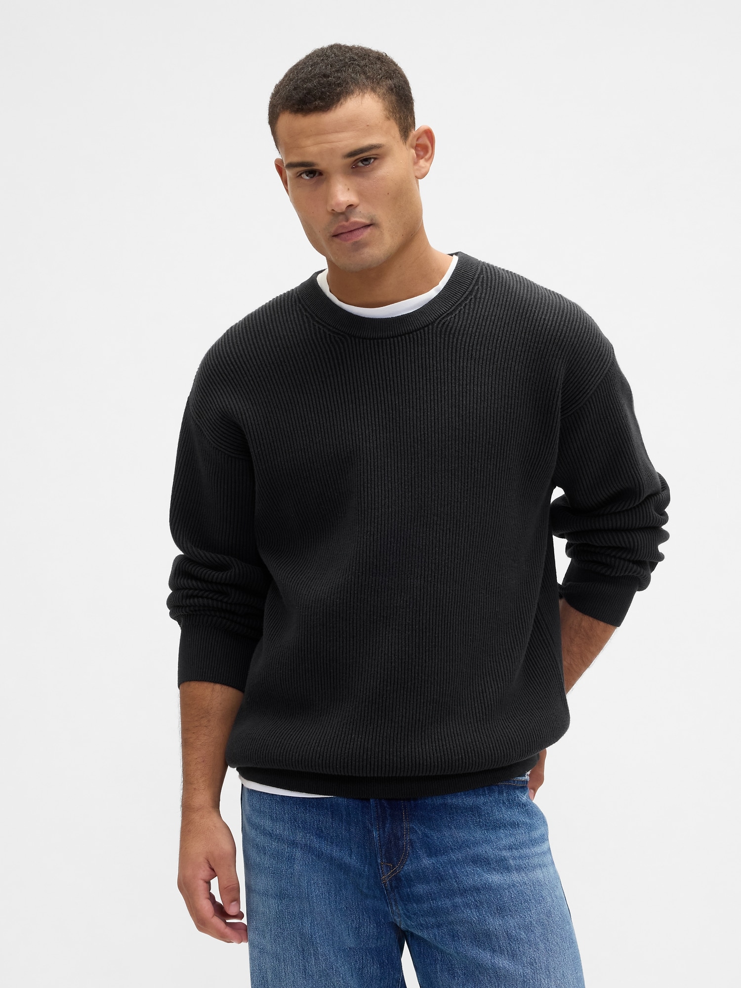 Oversized Fisherman-Stitch Crewneck Sweater - Black Moonless Night