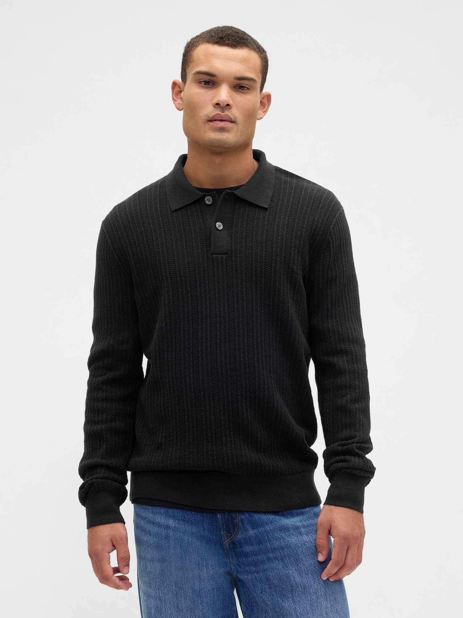 Textured Sweater Polo Shirt - Black