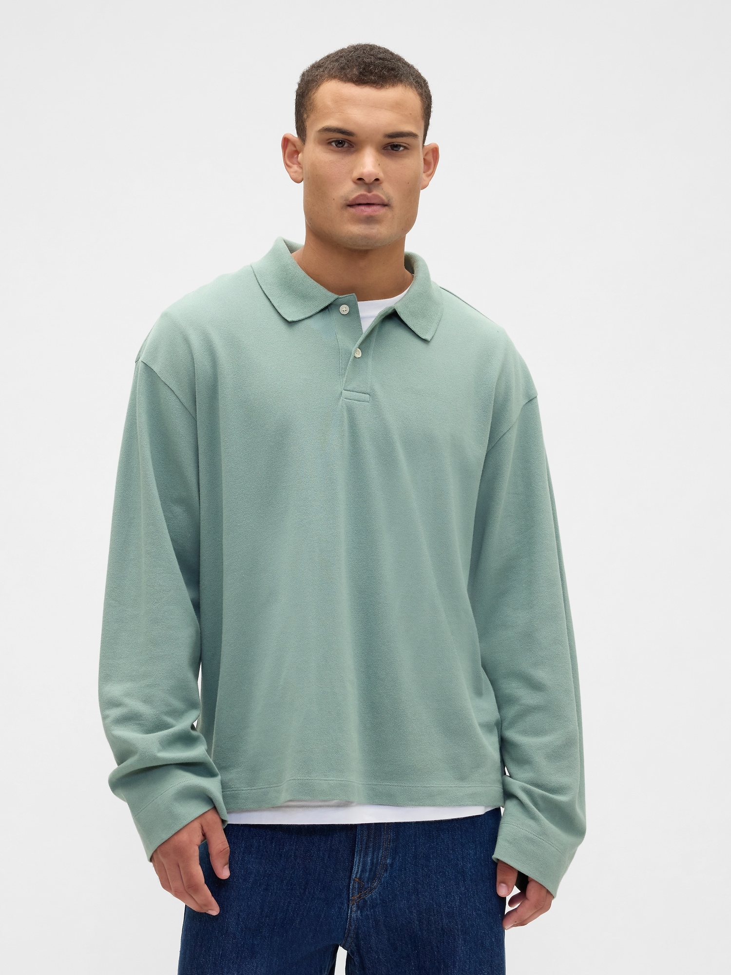 Boxy Stretch Pique Polo Shirt - Lead Green