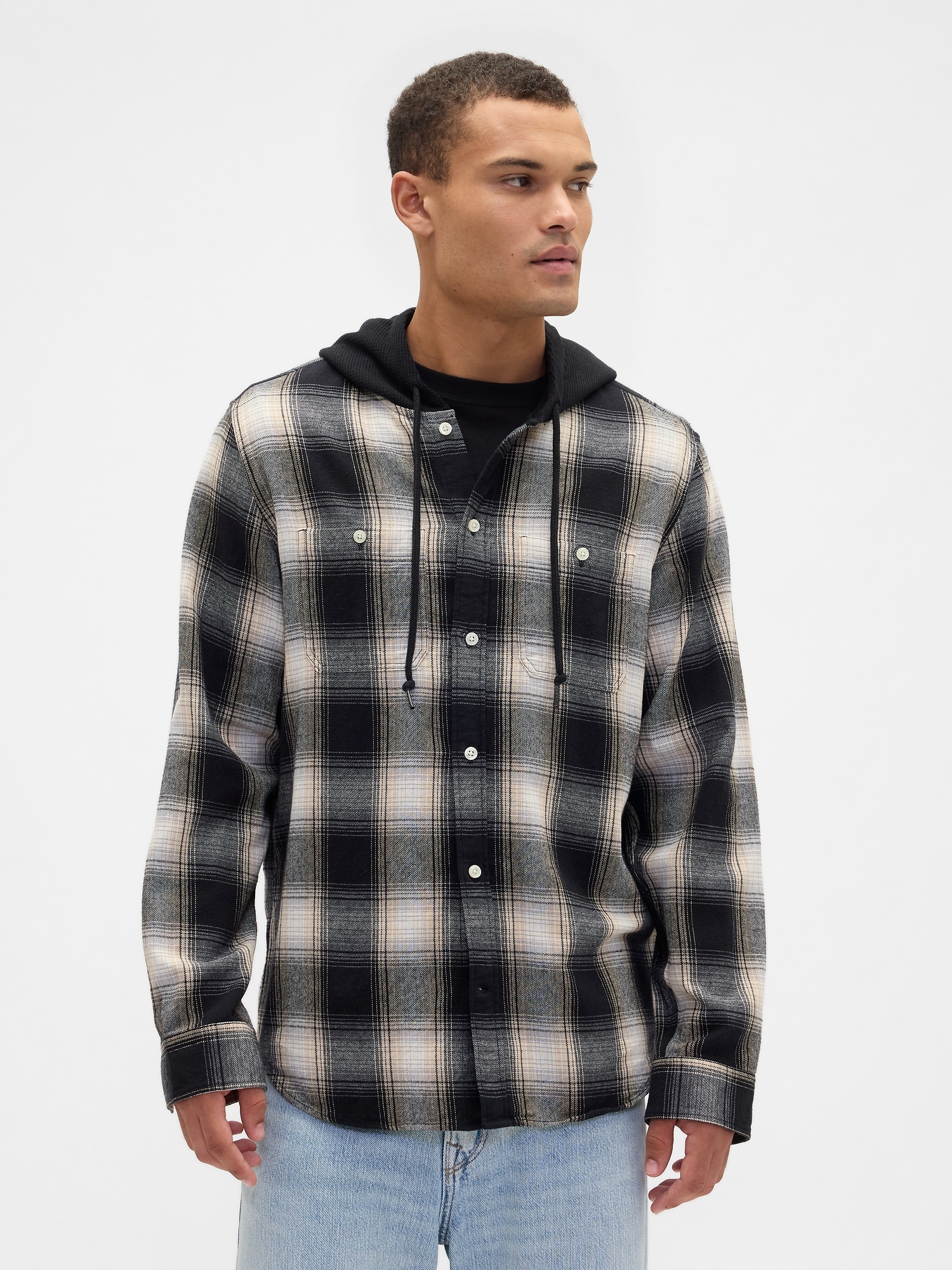 Hooded Flannel Shirt in Standard Fit - Khaki Black Plaid