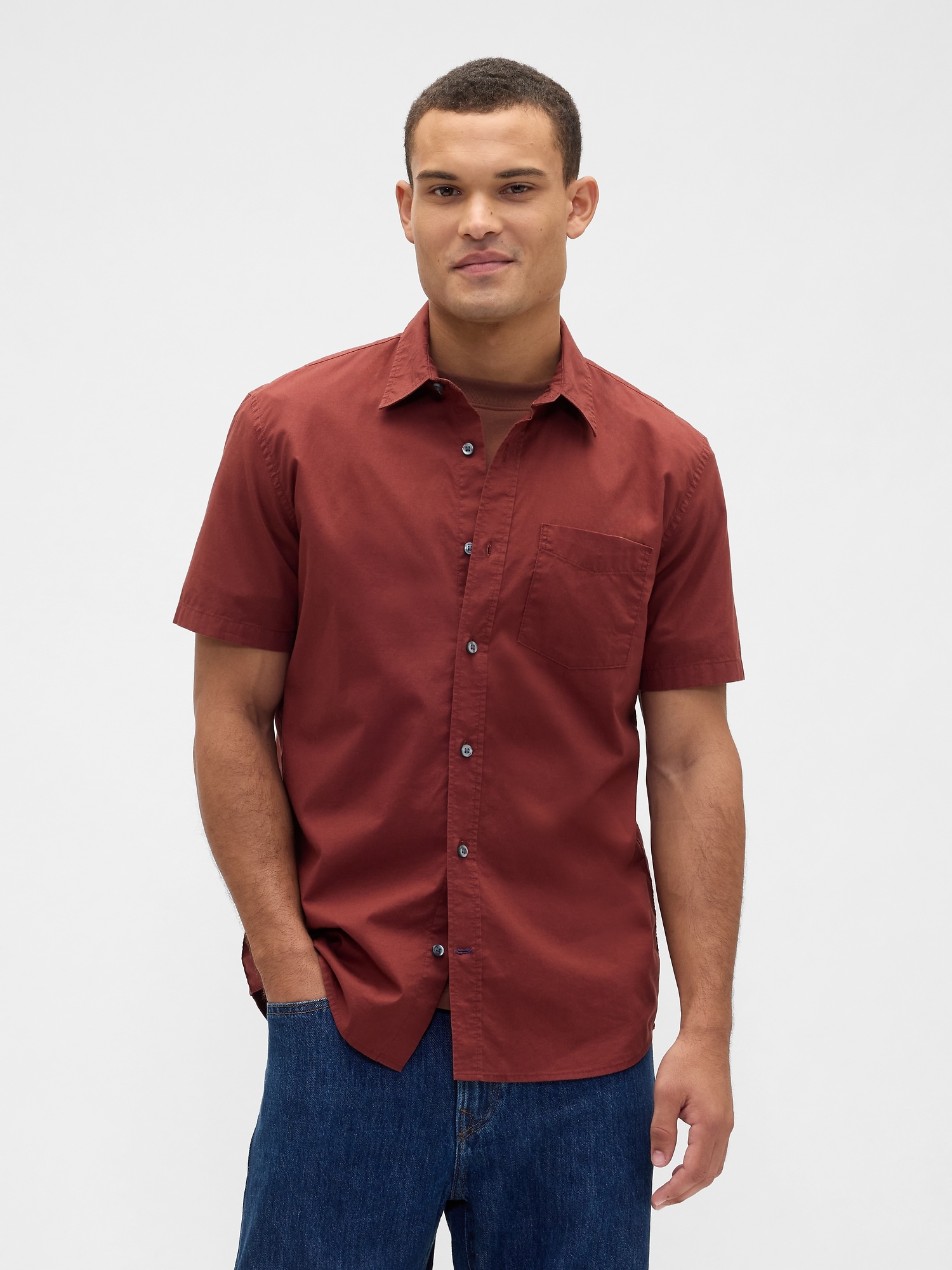 Stretch Poplin Shirt in Standard Fit - Burnt Brown Russet