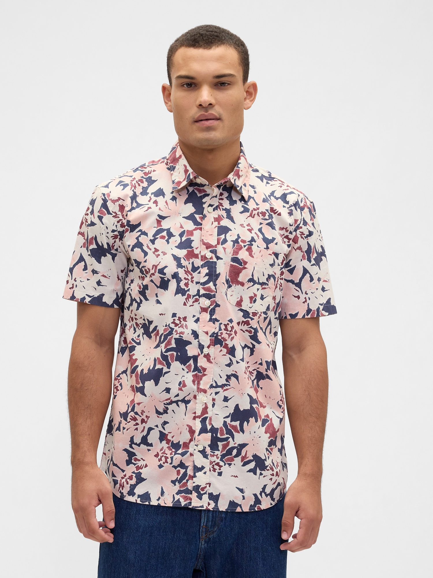 Stretch Poplin Shirt in Standard Fit - Pink Abstract Floral