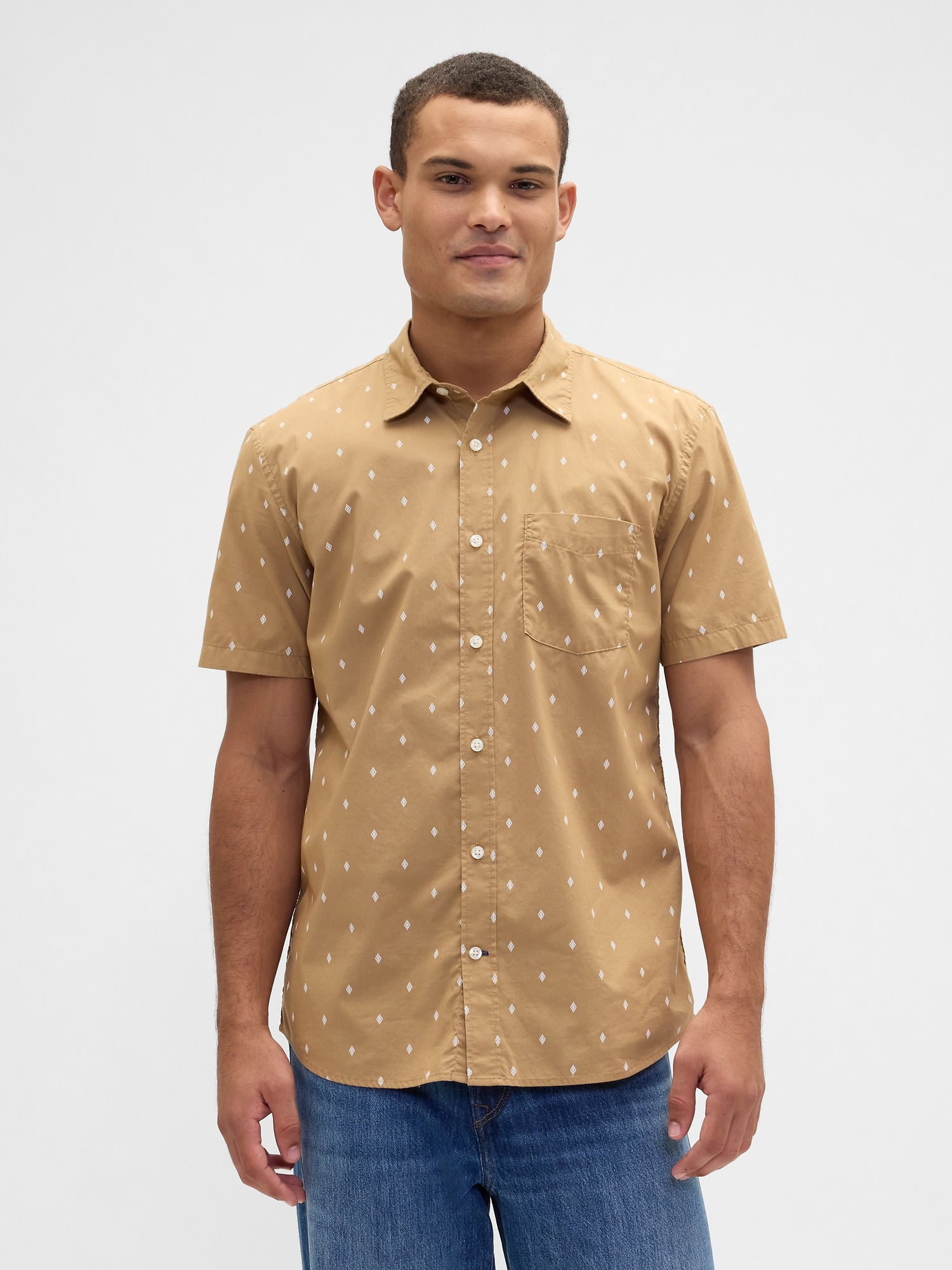 Stretch Poplin Shirt in Standard Fit - Khaki Foulard