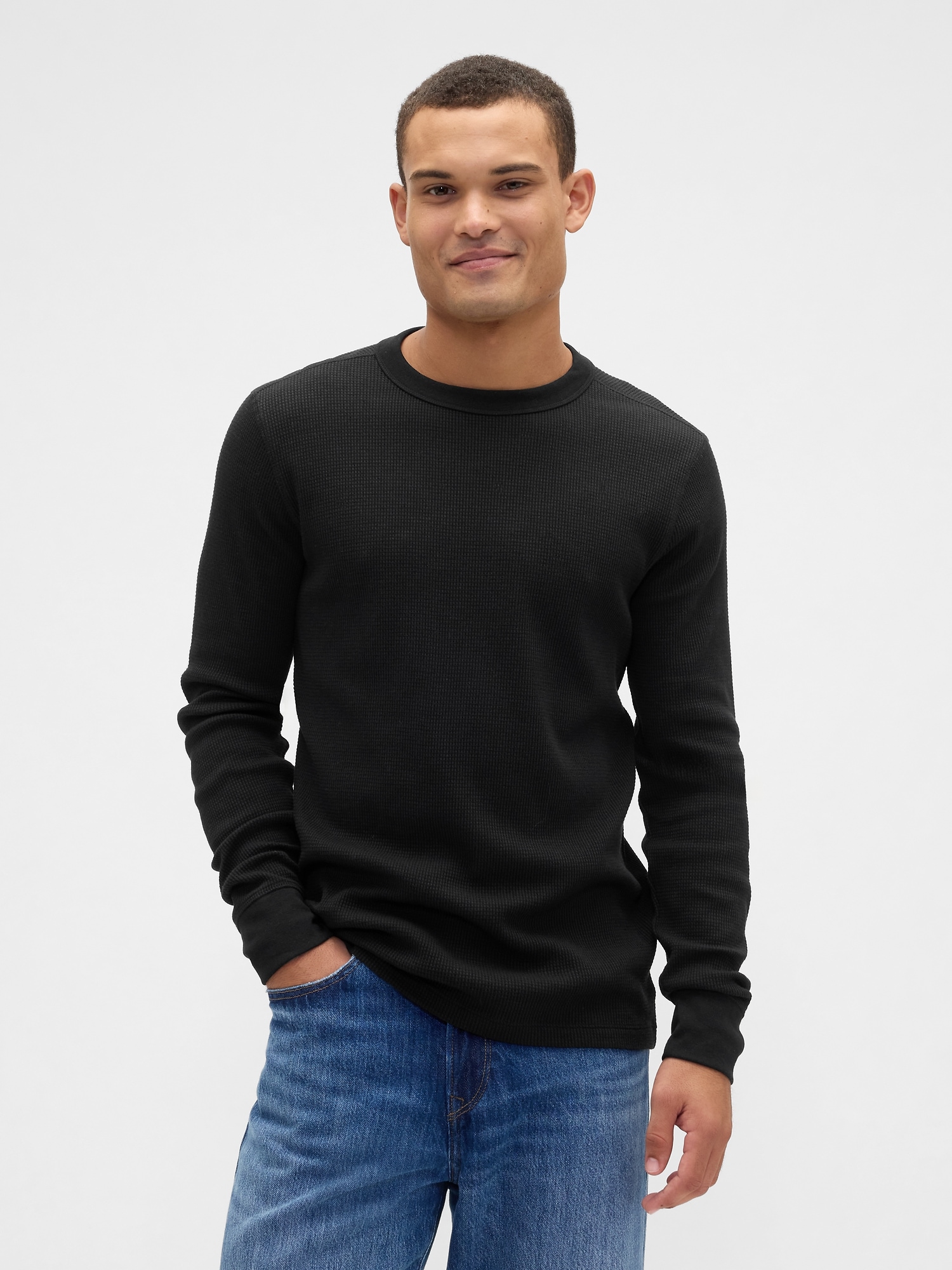 Waffle-Knit Crewneck T-Shirt - Black