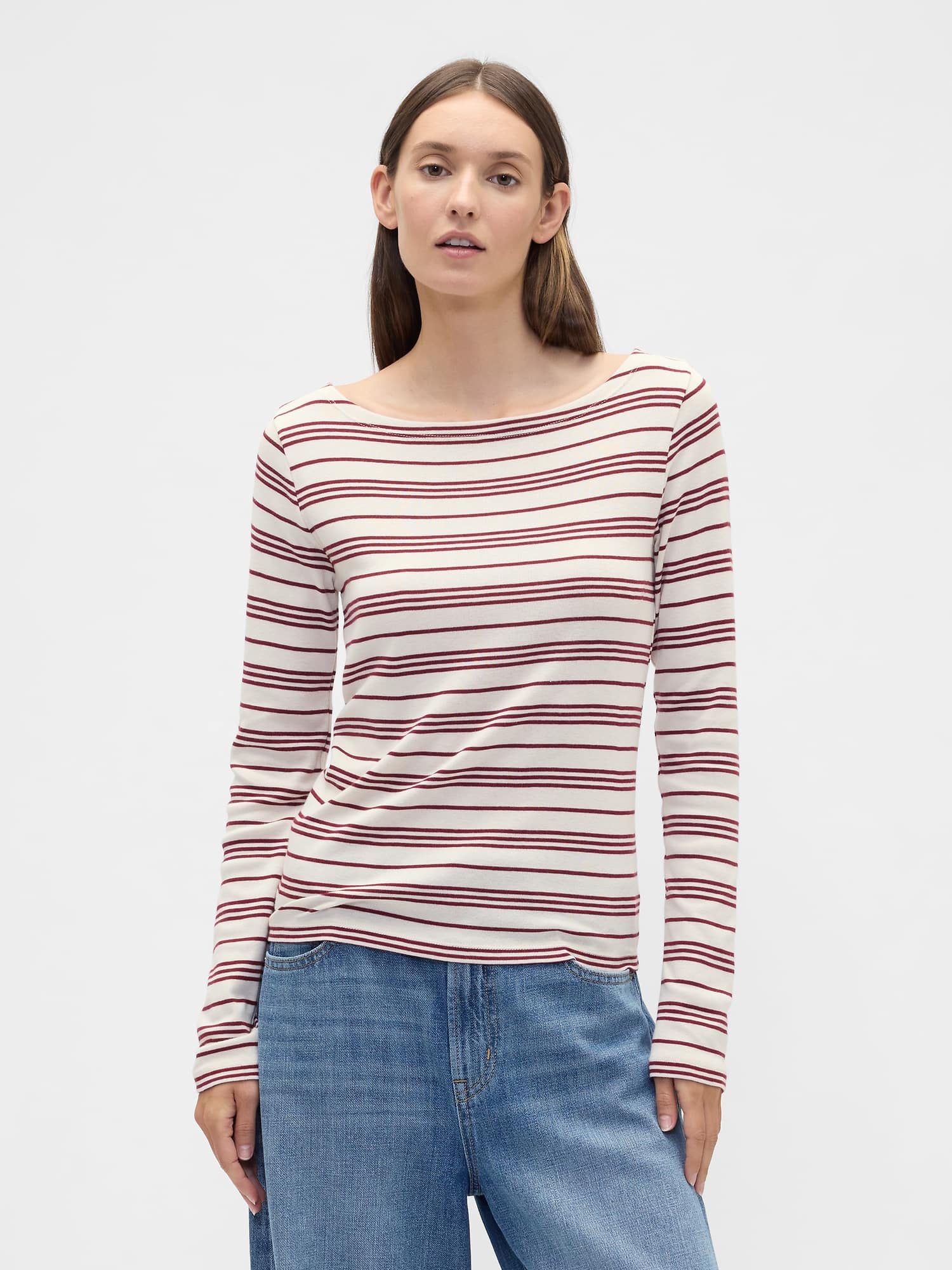 Modern Ribbed Stripe Boatneck T-Shirt - Red Delicious Stripe