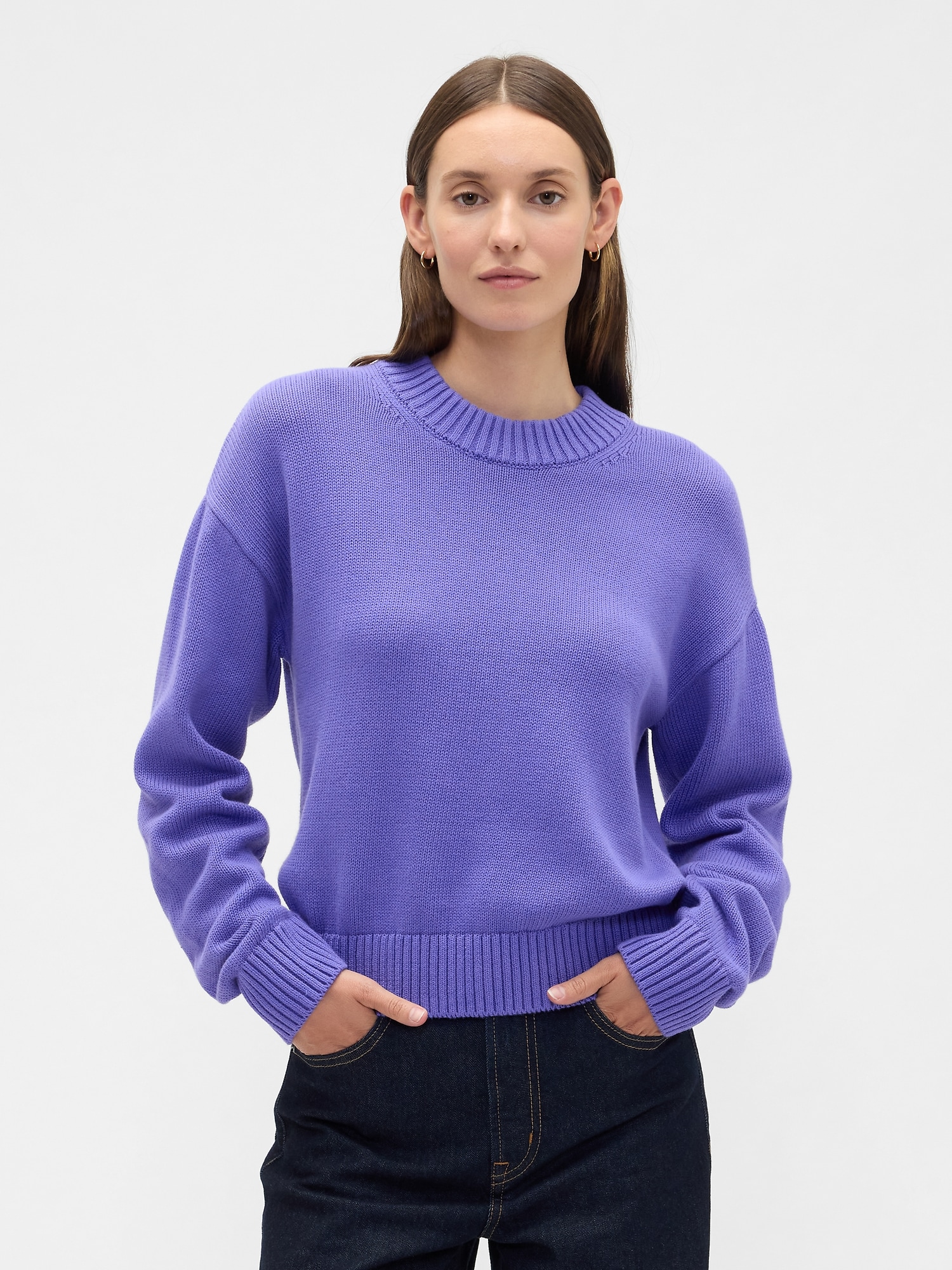 Relaxed Cropped Crewneck Sweater - Purple