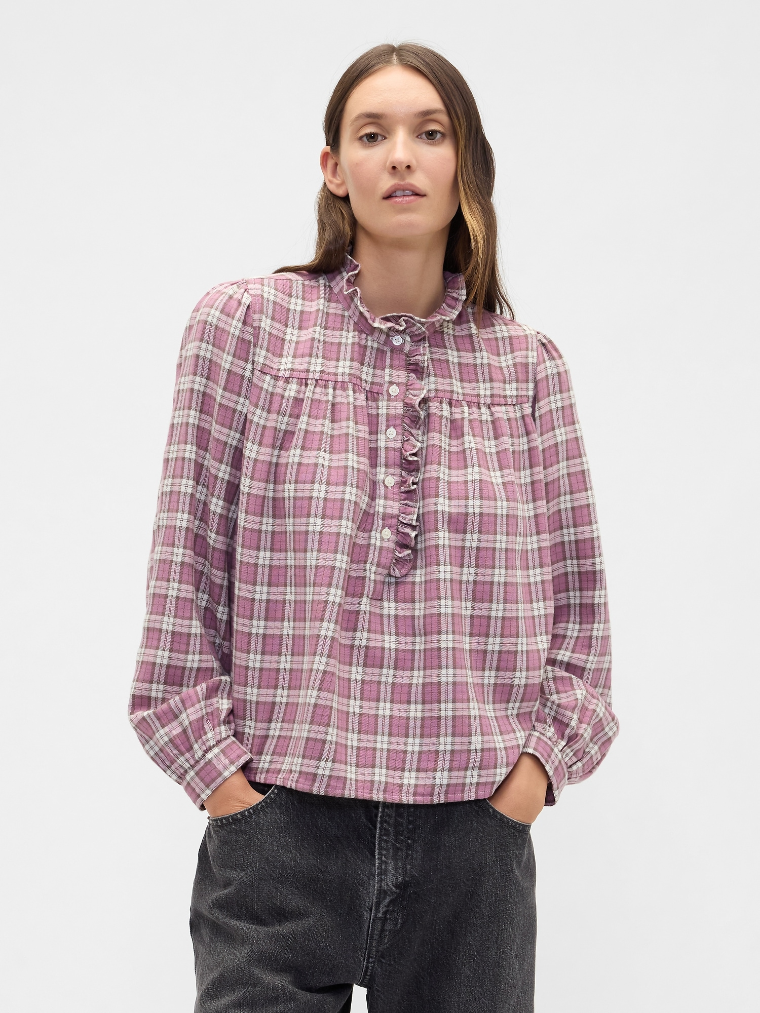 Oversized Ruffle Top - Pink Plaid