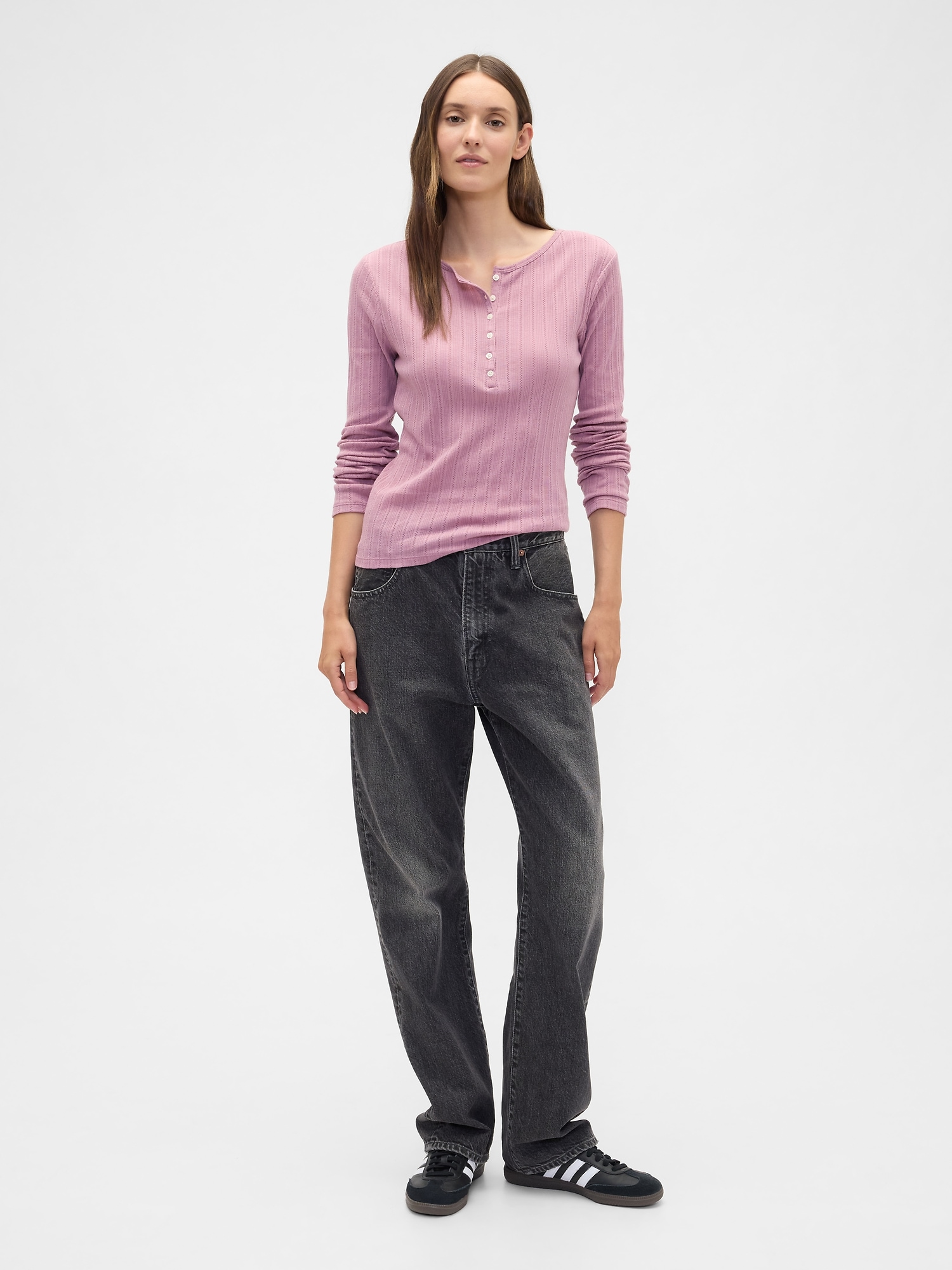 Gap Factory Ribbed Pointelle Henley T-shirt In Pink