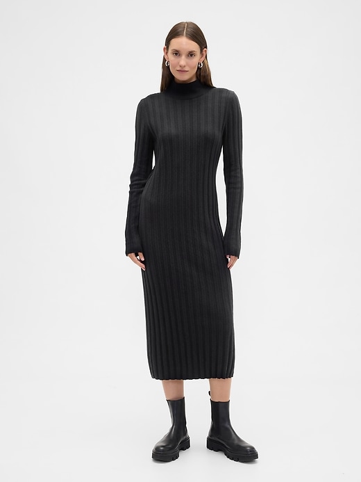 Image number 1 showing, CashSoft Ribbed Mockneck Midi Dress