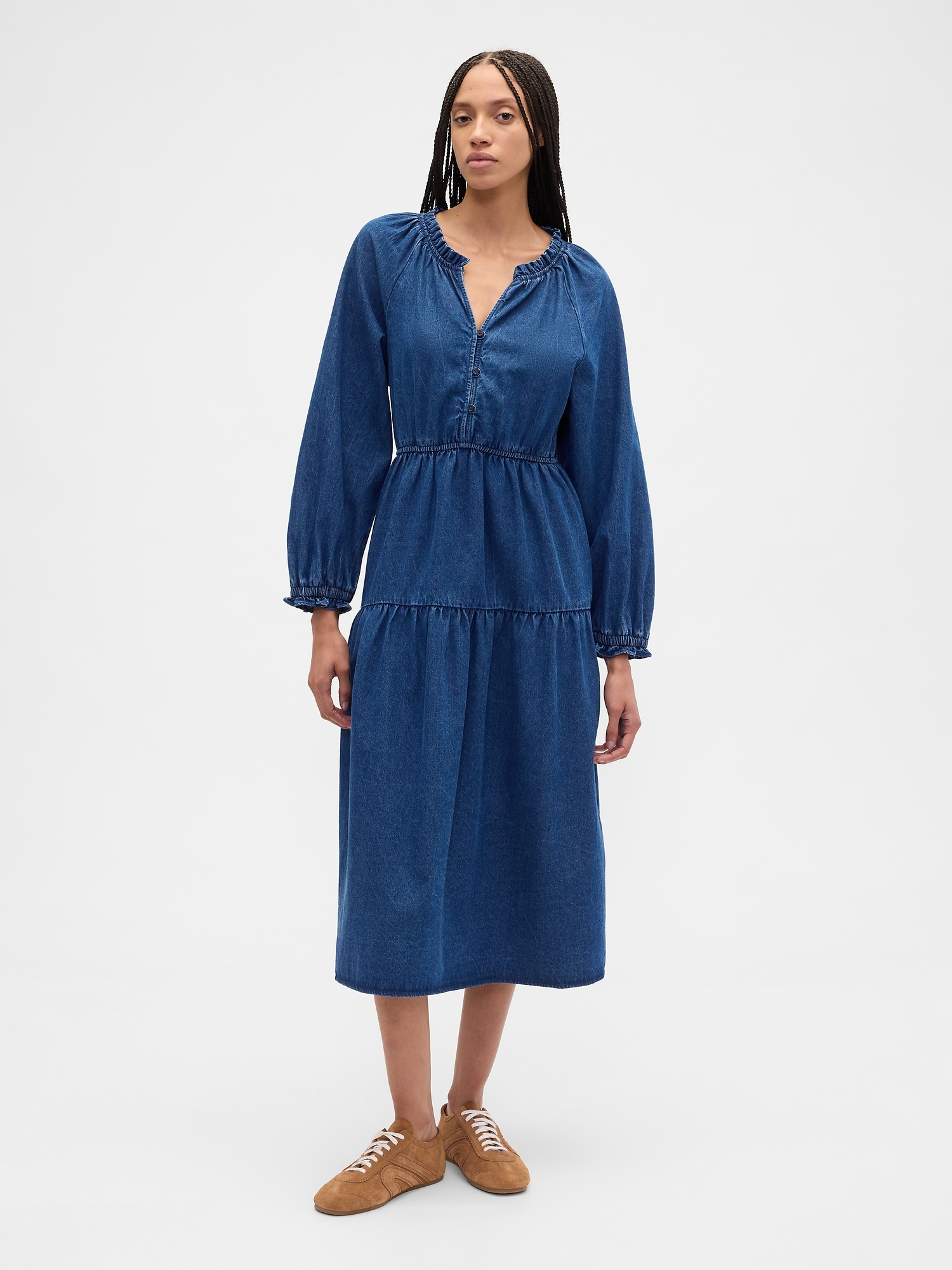 Tiered Denim Western Midi Dress - Medium Wash