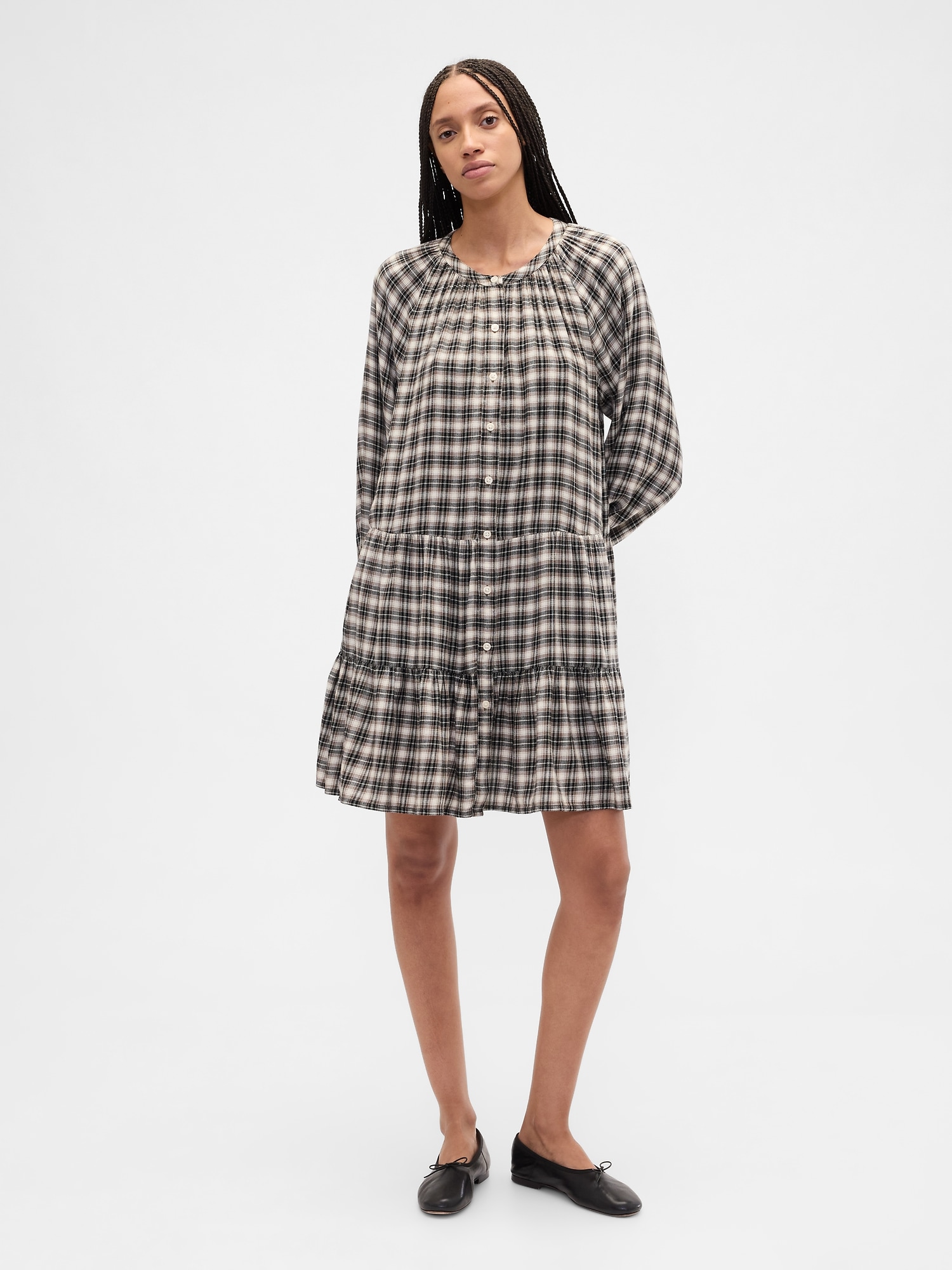 Relaxed Flannel Shirtdress - Black Plaid