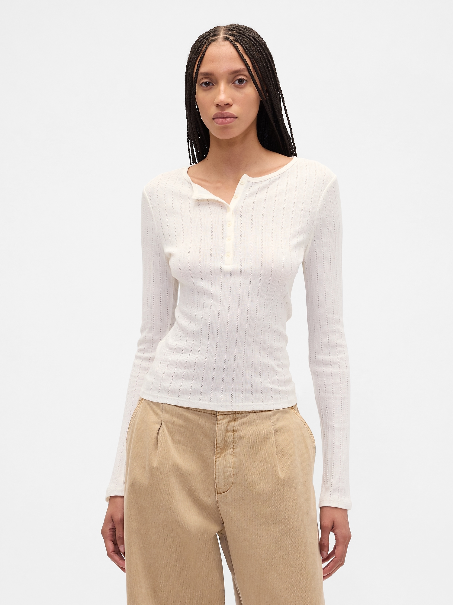 Ribbed Pointelle Henley T-Shirt - Ivory Cream Frost