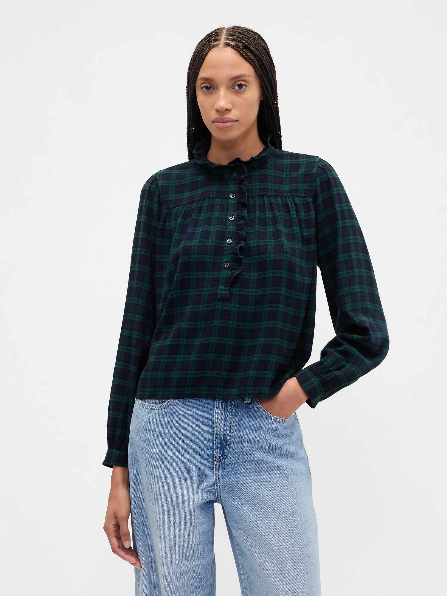 Oversized Ruffle Top - Blackwatch Plaid