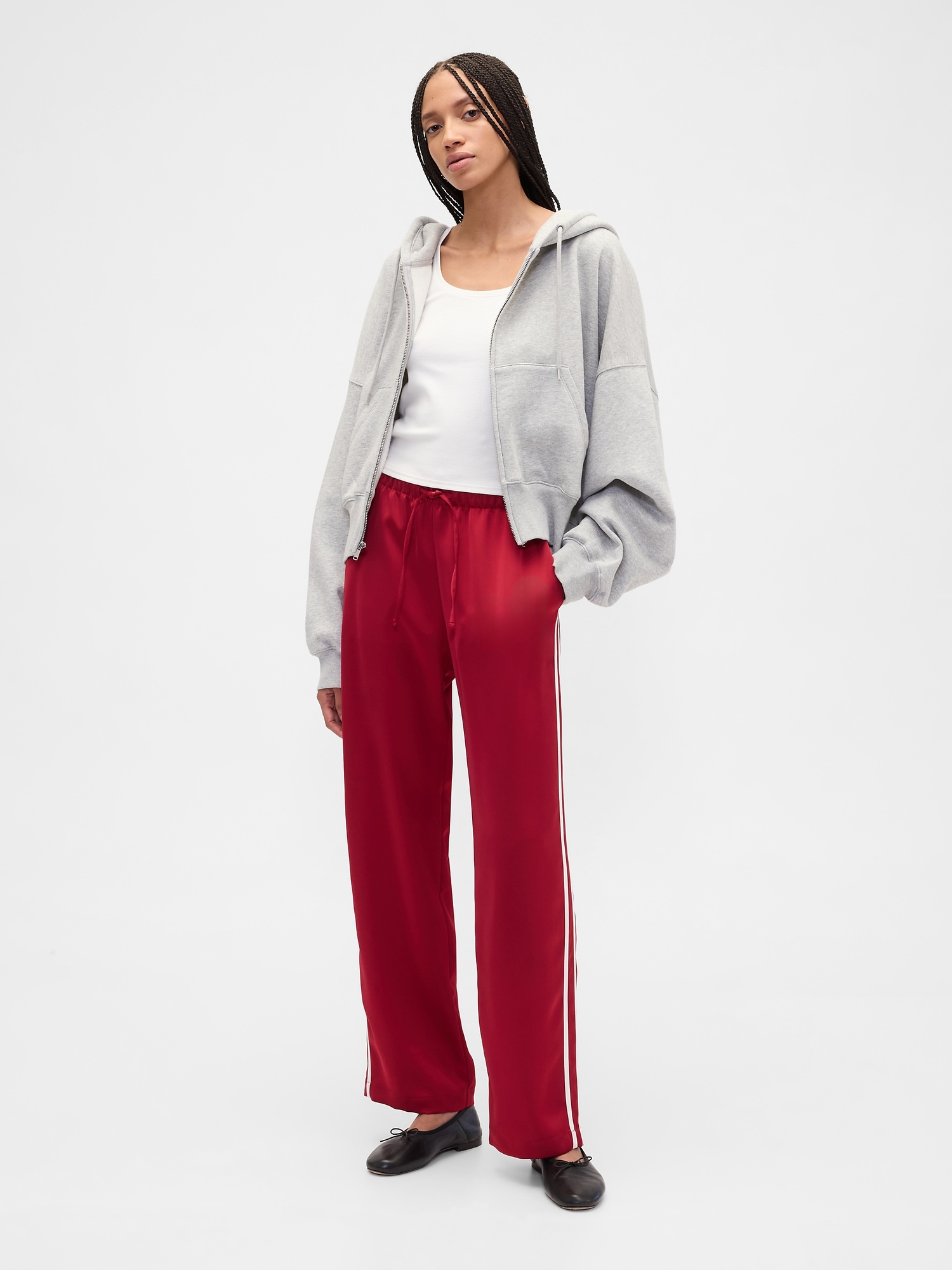 Relaxed Straight-Leg Stripe Satin Pants - Burgundy Sled