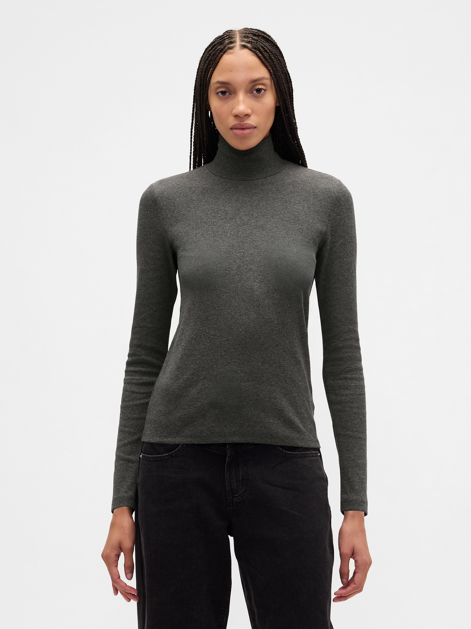 Ribbed Turtleneck T-Shirt - Dark Gray Heather