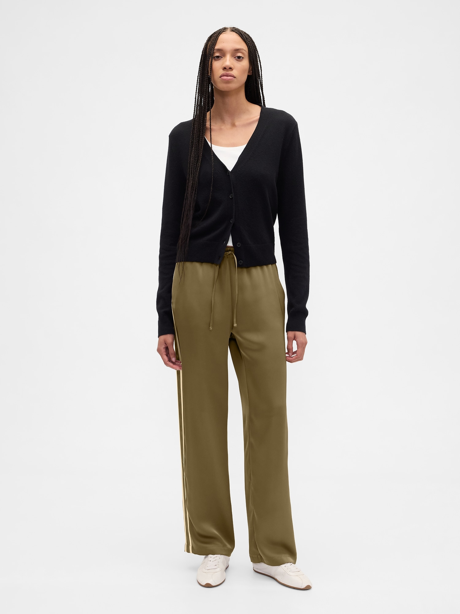 Relaxed Straight-Leg Stripe Satin Pants - Green Khaki