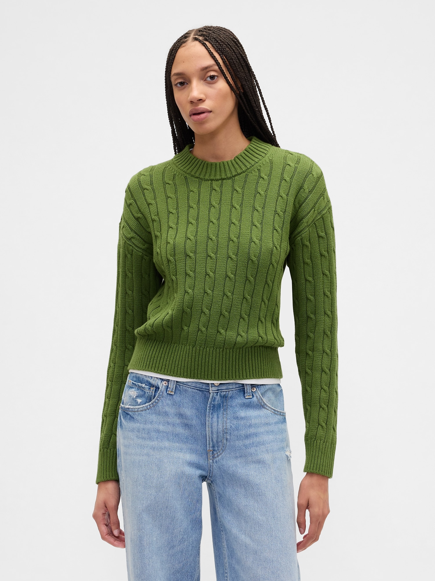 Relaxed Cable-Knit Crewneck Sweater - Twist Of Lime