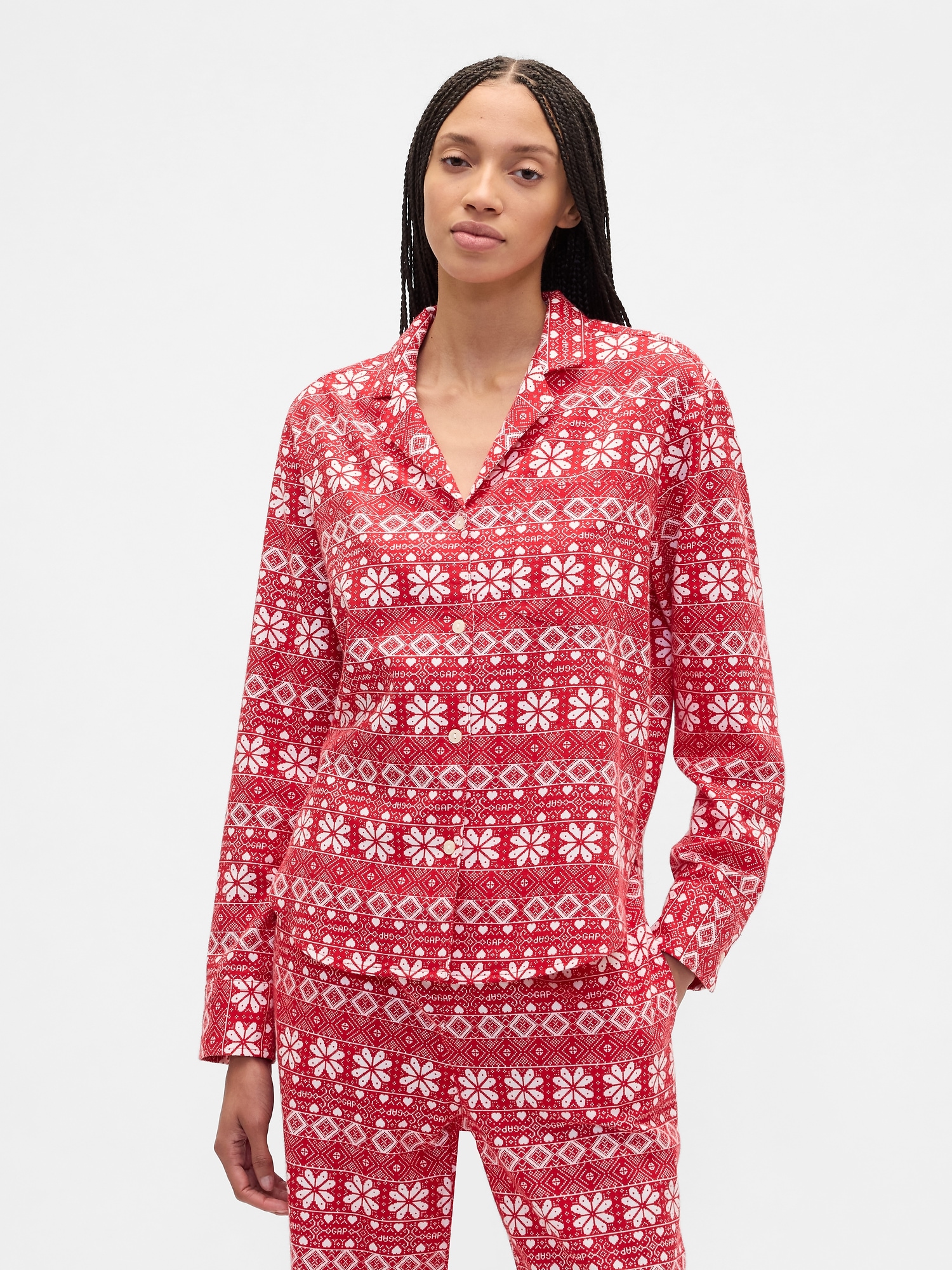 Relaxed Flannel Sleep Shirt - Red Snowflakes