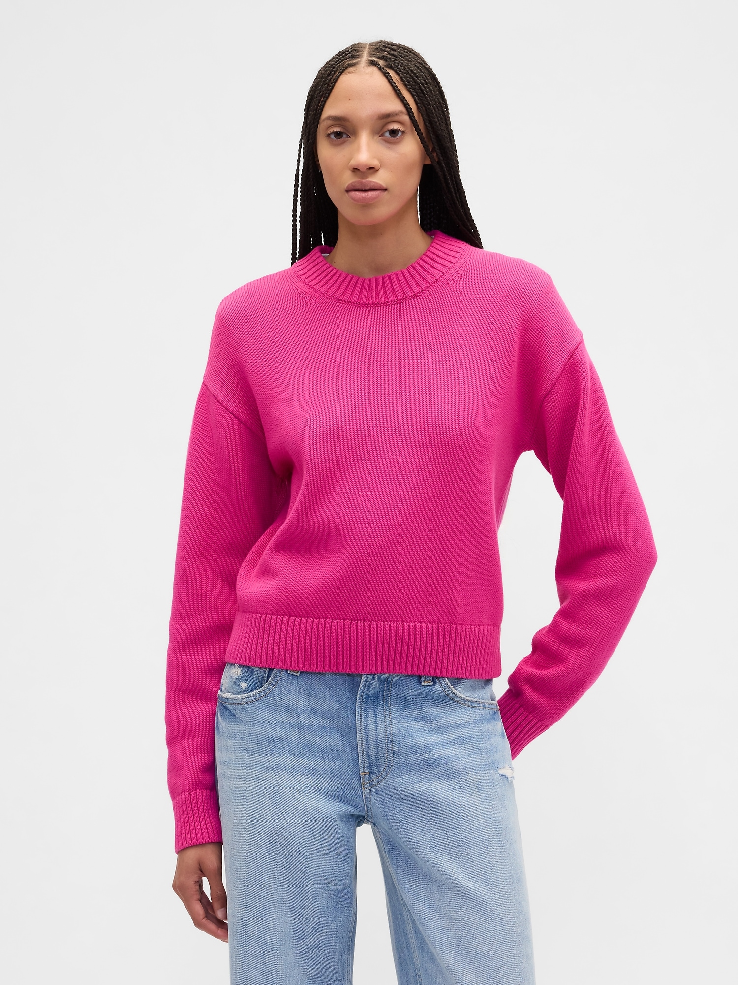 Relaxed Cropped Crewneck Sweater - Pink