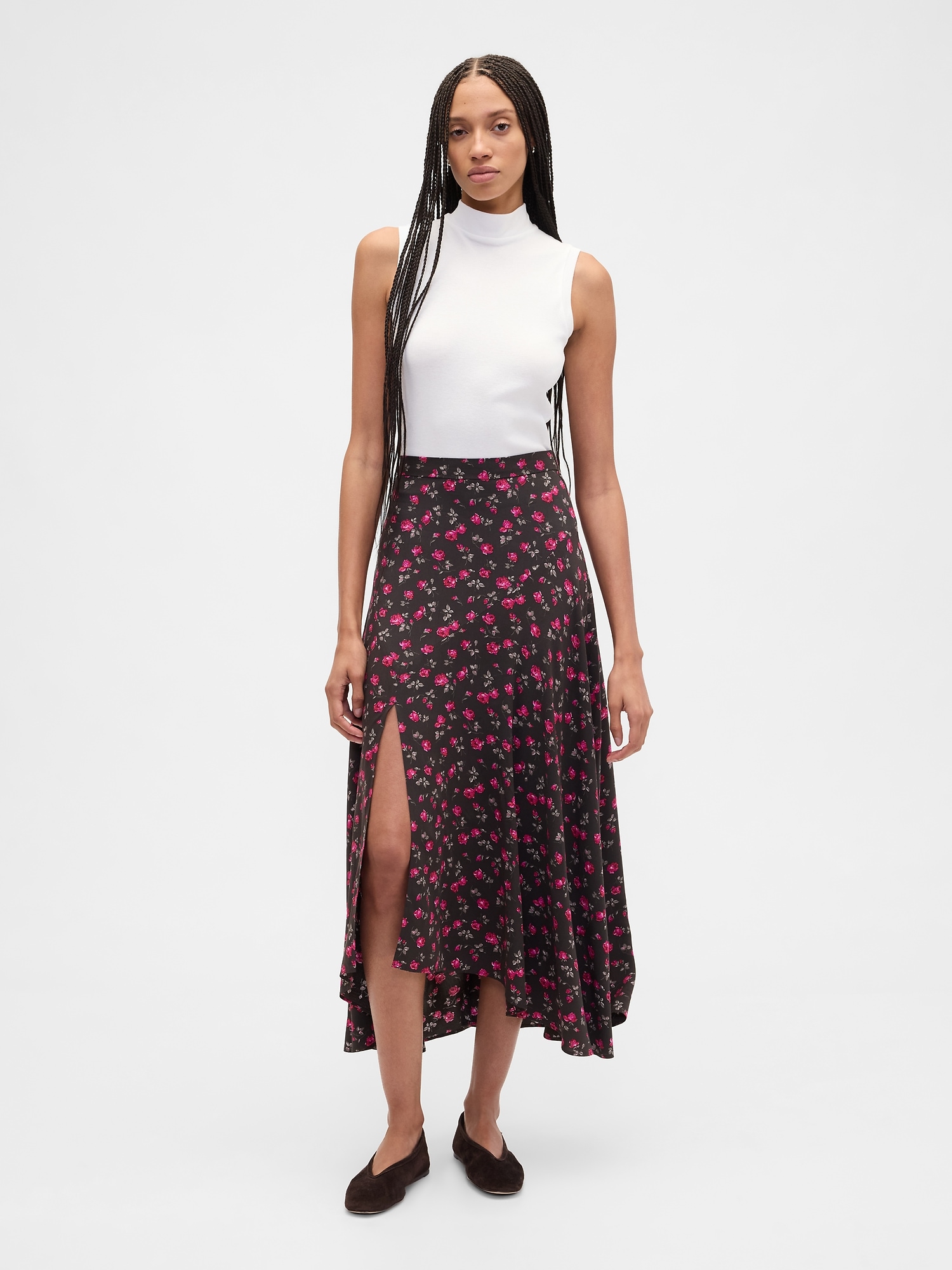 Seamed Midi Skirt - Brown Floral