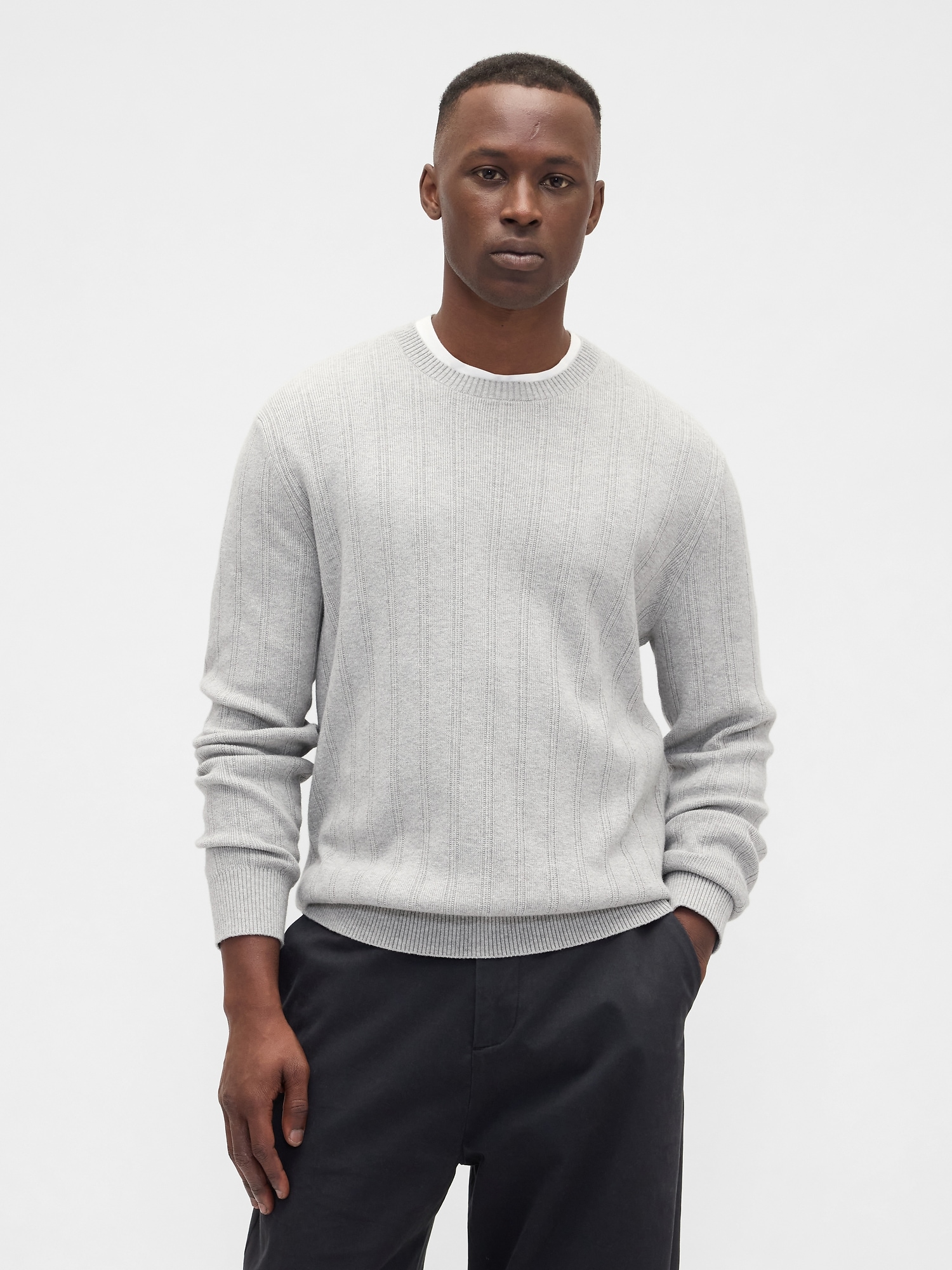 CashSoft Ribbed Crewneck Sweater - Light Gray Marl