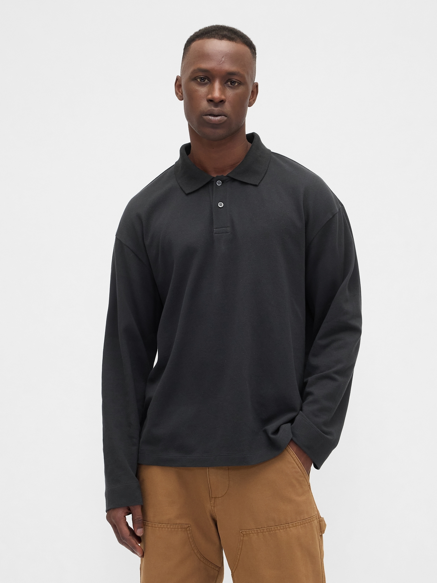 Boxy Stretch Pique Polo Shirt - Black Moonless Night