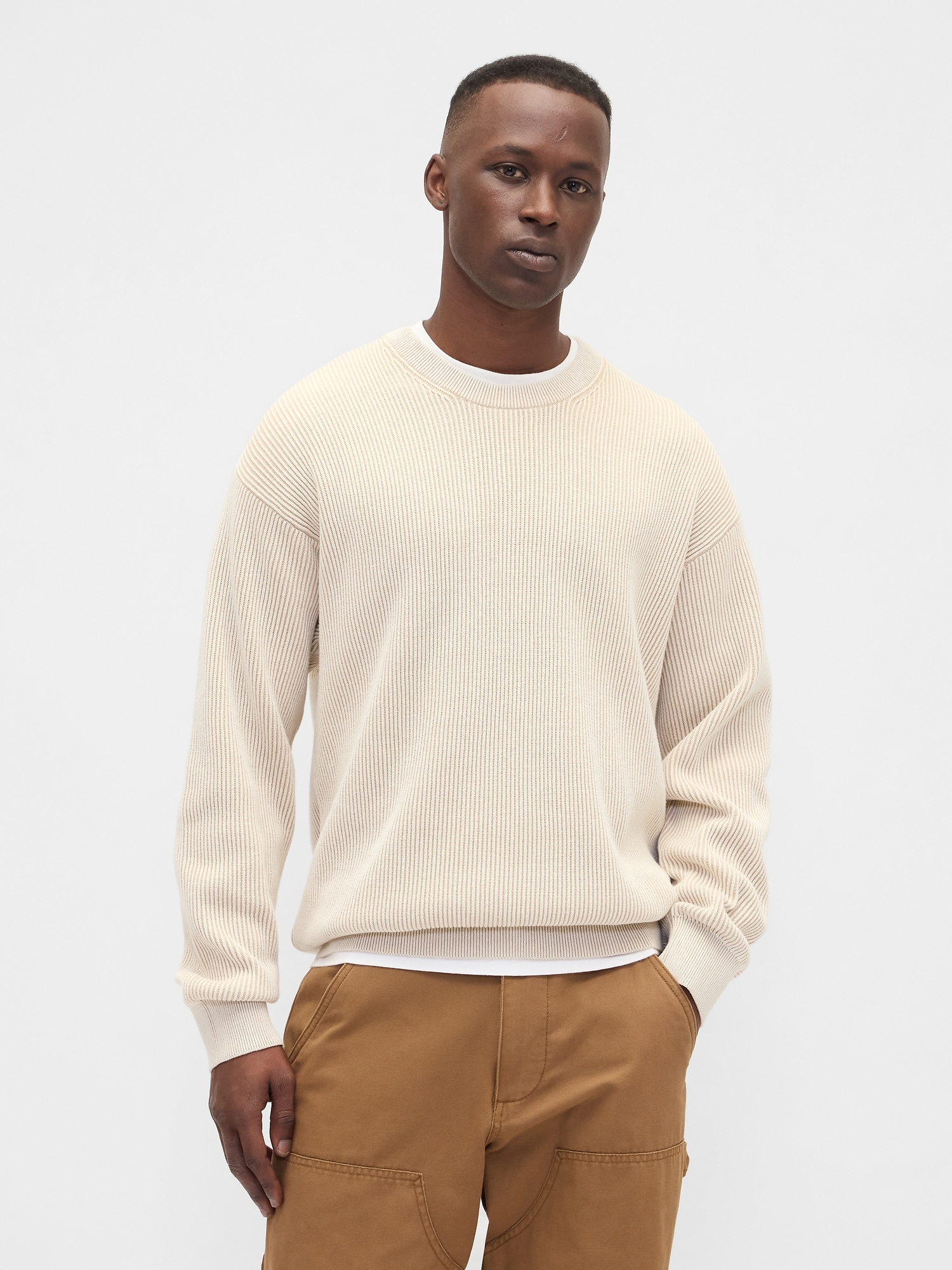 Oversized Fisherman-Stitch Crewneck Sweater - Tan Chino